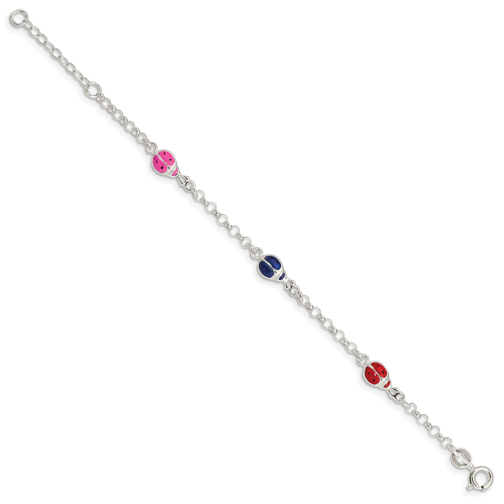 Sterling Silver Multi-color Enamel Ladybugs With  1in ext. Children's Bracelet
