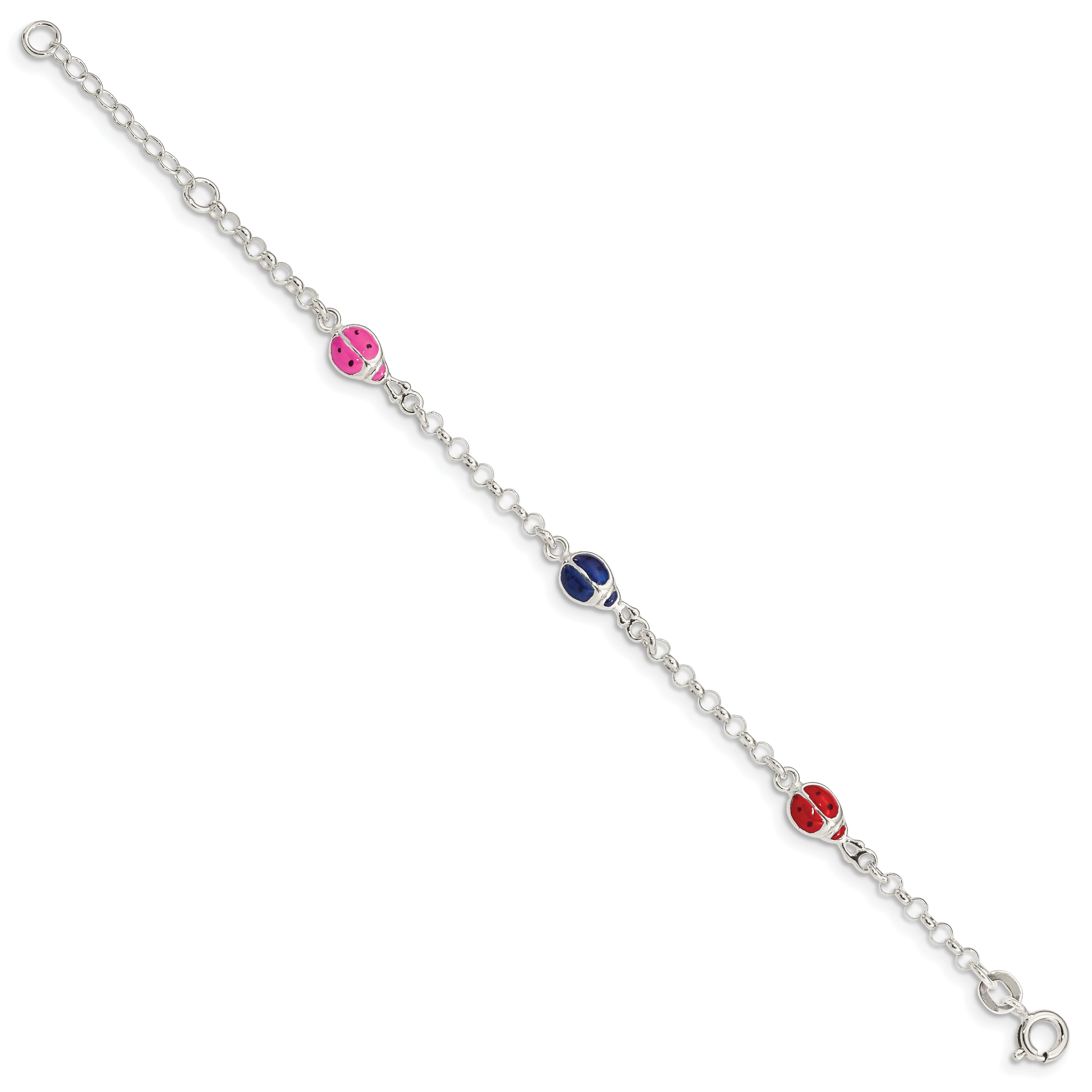 Sterling Silver Multi-color Enamel Ladybugs With  1in ext. Children's Bracelet