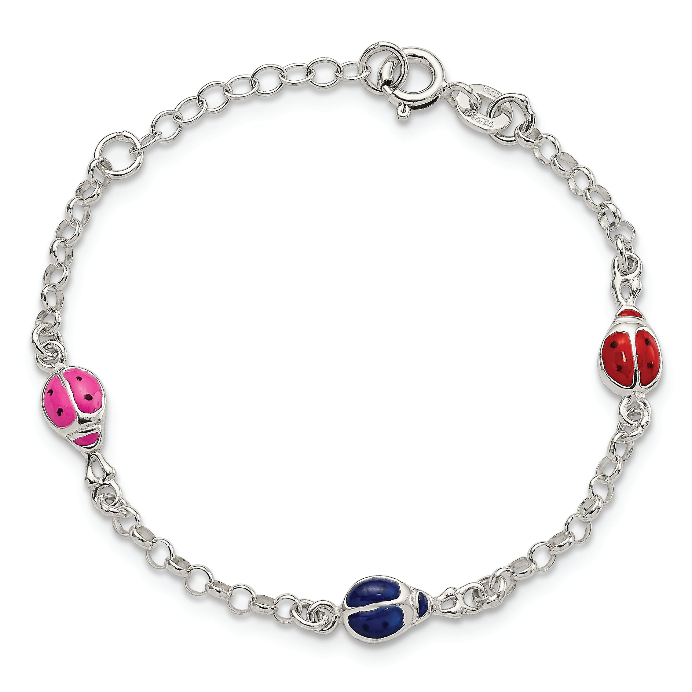 Sterling Silver Multi-color Enamel Ladybugs With  1in ext. Children's Bracelet