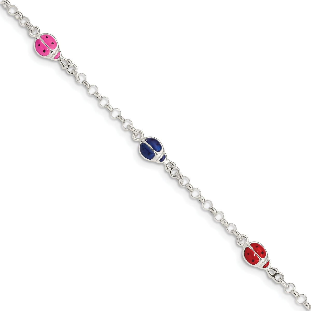 Sterling Silver Multi-color Enamel Ladybugs With  1in ext. Children's Bracelet