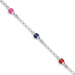Sterling Silver Multi-color Enamel Ladybugs With  1in ext. Children's Bracelet