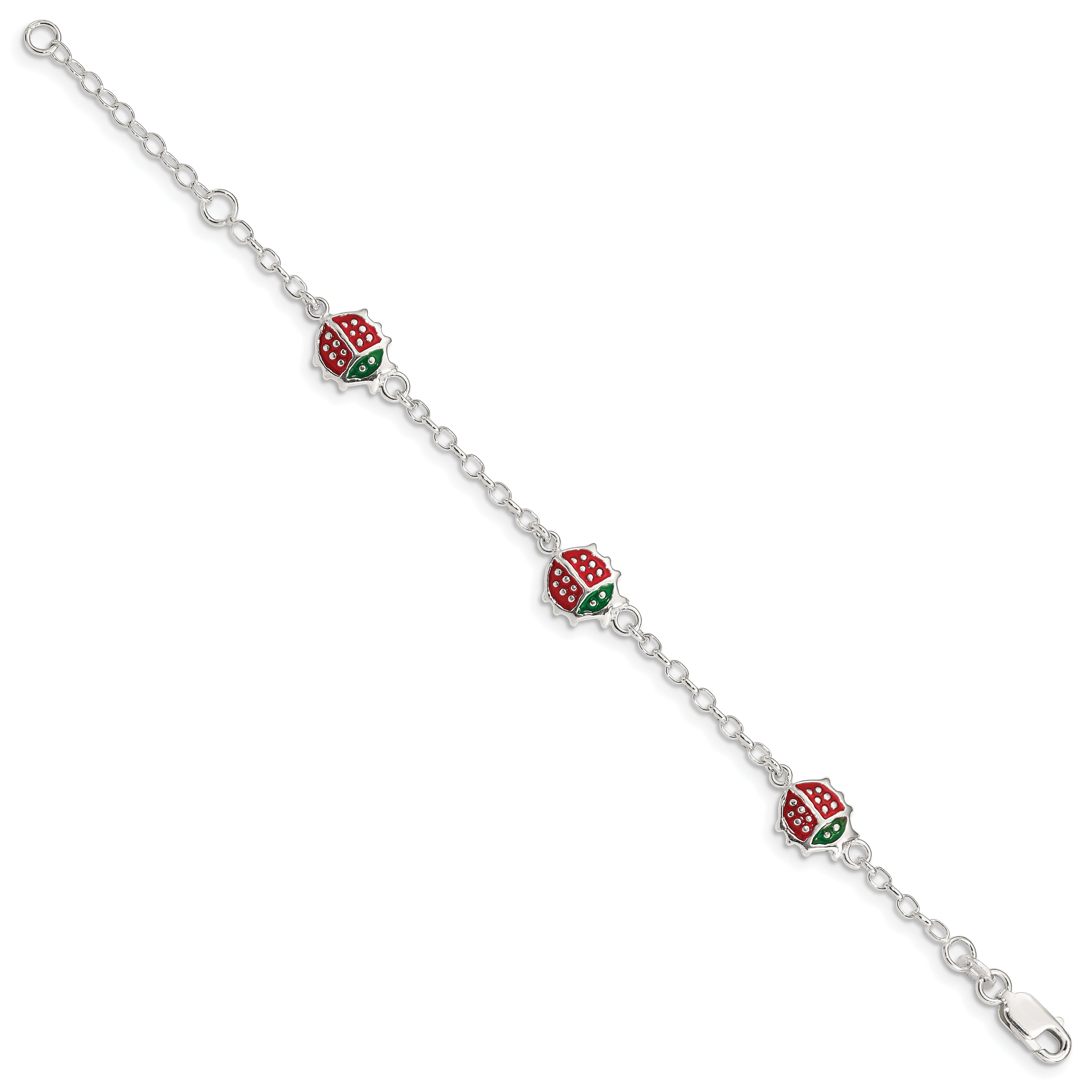 Sterling Silver Multi-color Enamel Ladybugs With  1in ext. Children's Bracelet