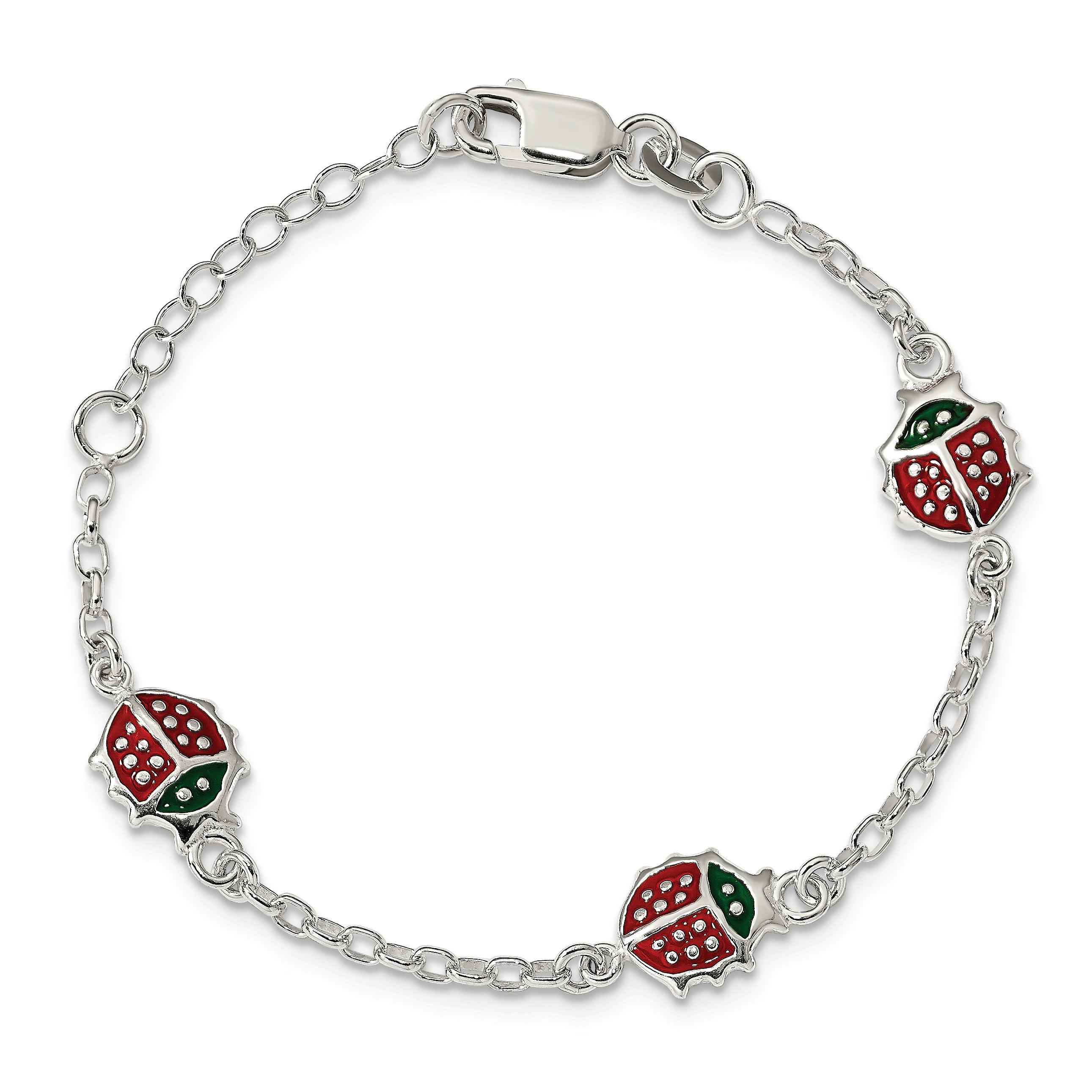 Sterling Silver Multi-color Enamel Ladybugs With  1in ext. Children's Bracelet
