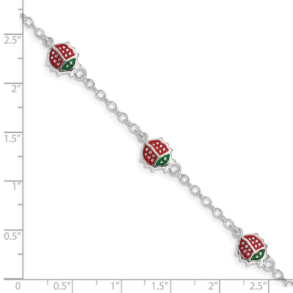 Sterling Silver Multi-color Enamel Ladybugs With  1in ext. Children's Bracelet