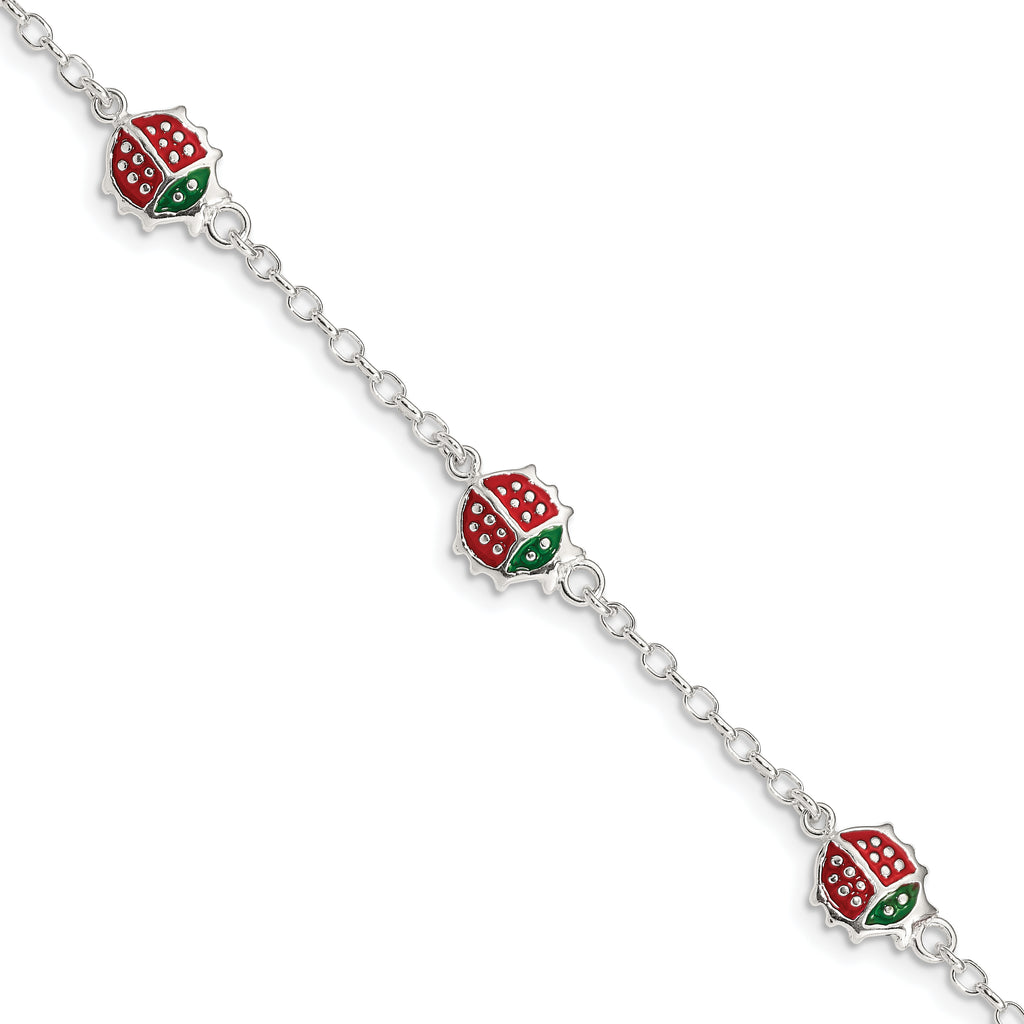 Sterling Silver Multi-color Enamel Ladybugs With  1in ext. Children's Bracelet
