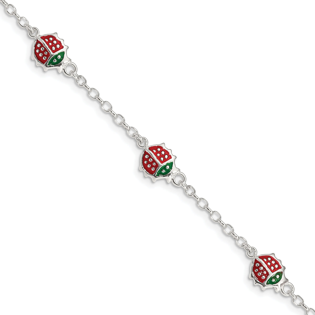 Sterling Silver Multi-color Enamel Ladybugs With  1in ext. Children's Bracelet