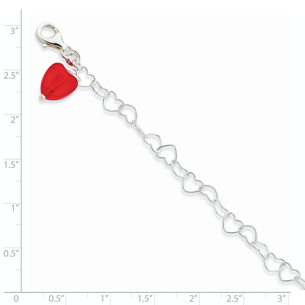 Sterling Silver Link Orange Synthetic Crystal Stone Heart Anklet