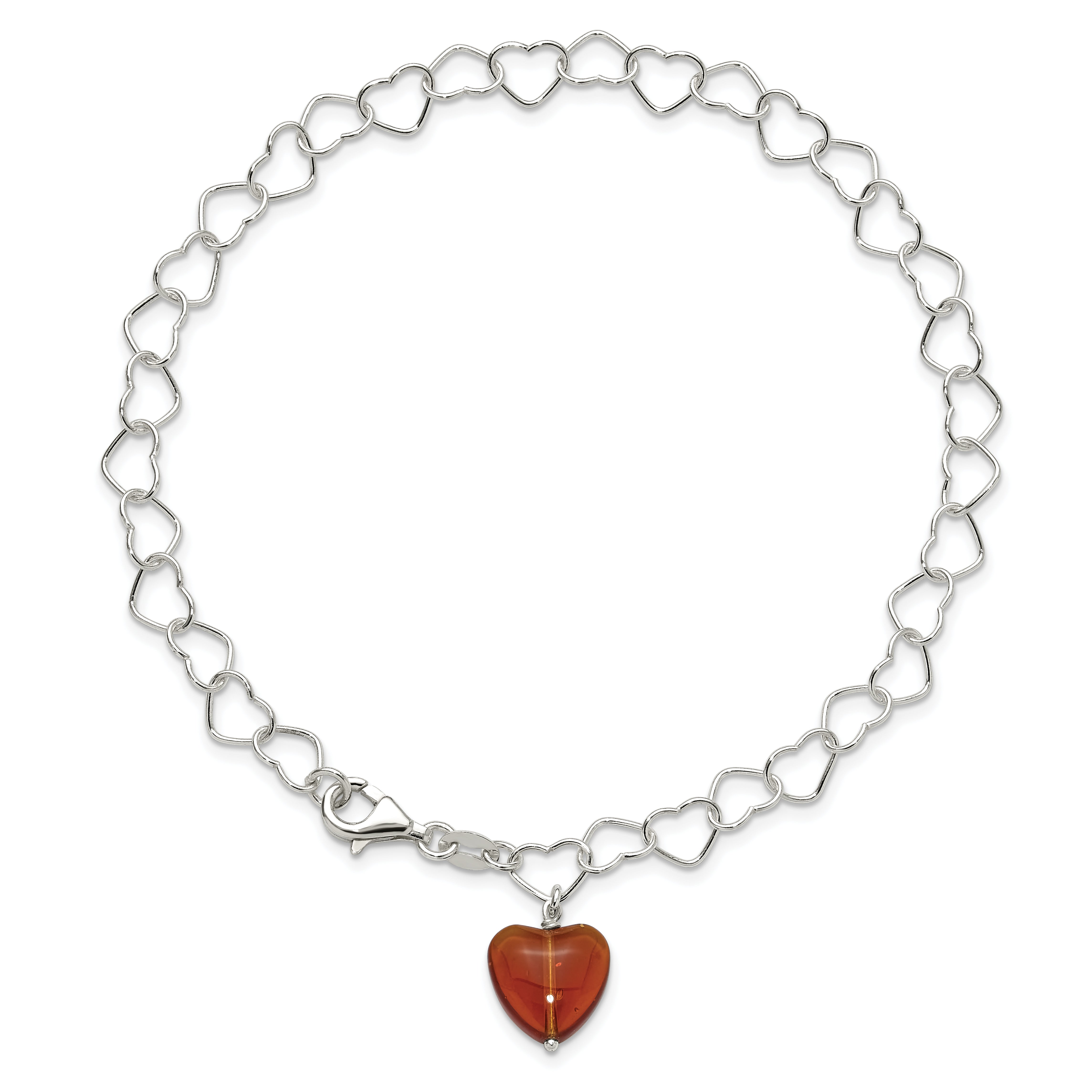 Sterling Silver Link Orange Synthetic Crystal Stone Heart Anklet