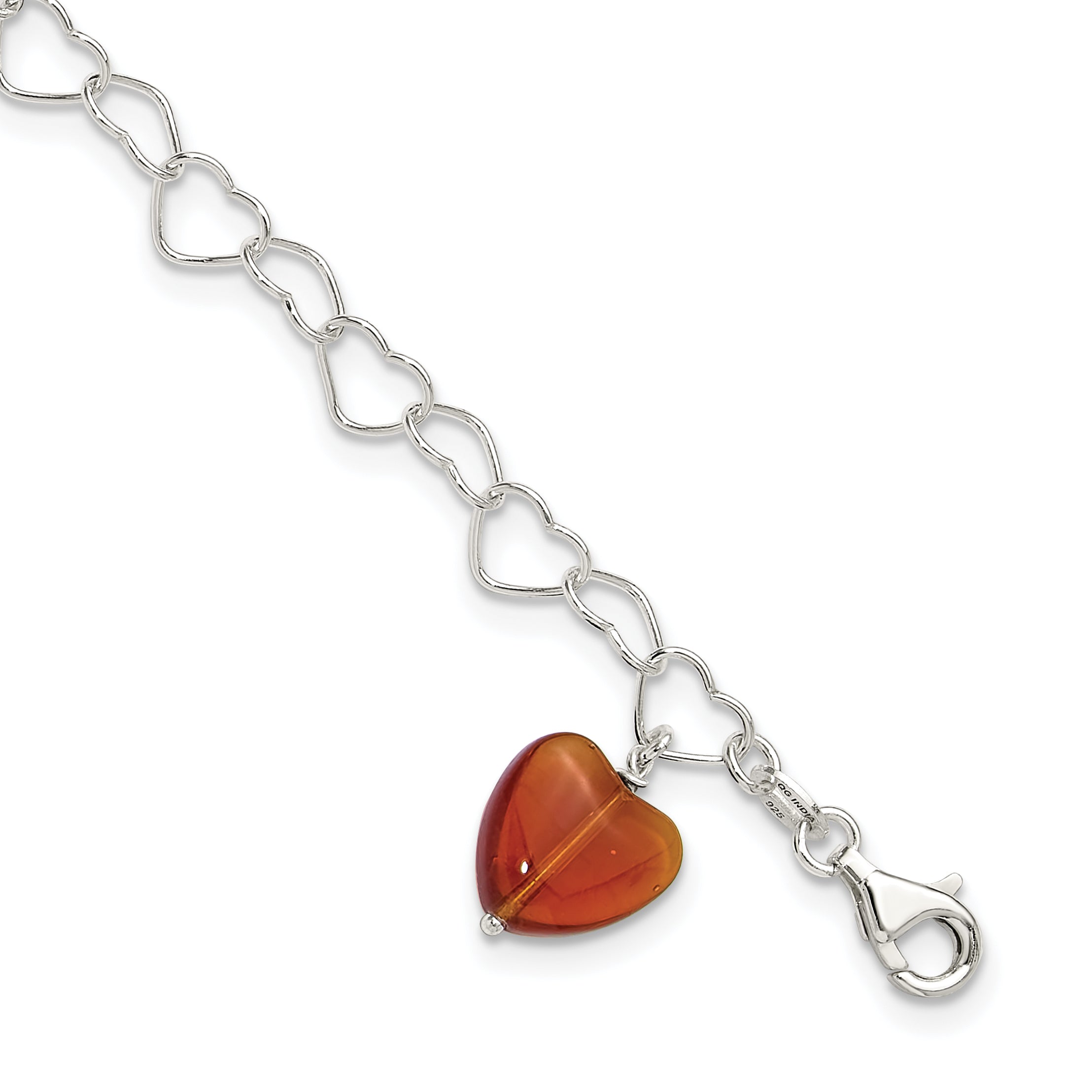 Sterling Silver Link Orange Synthetic Crystal Stone Heart Anklet Main image