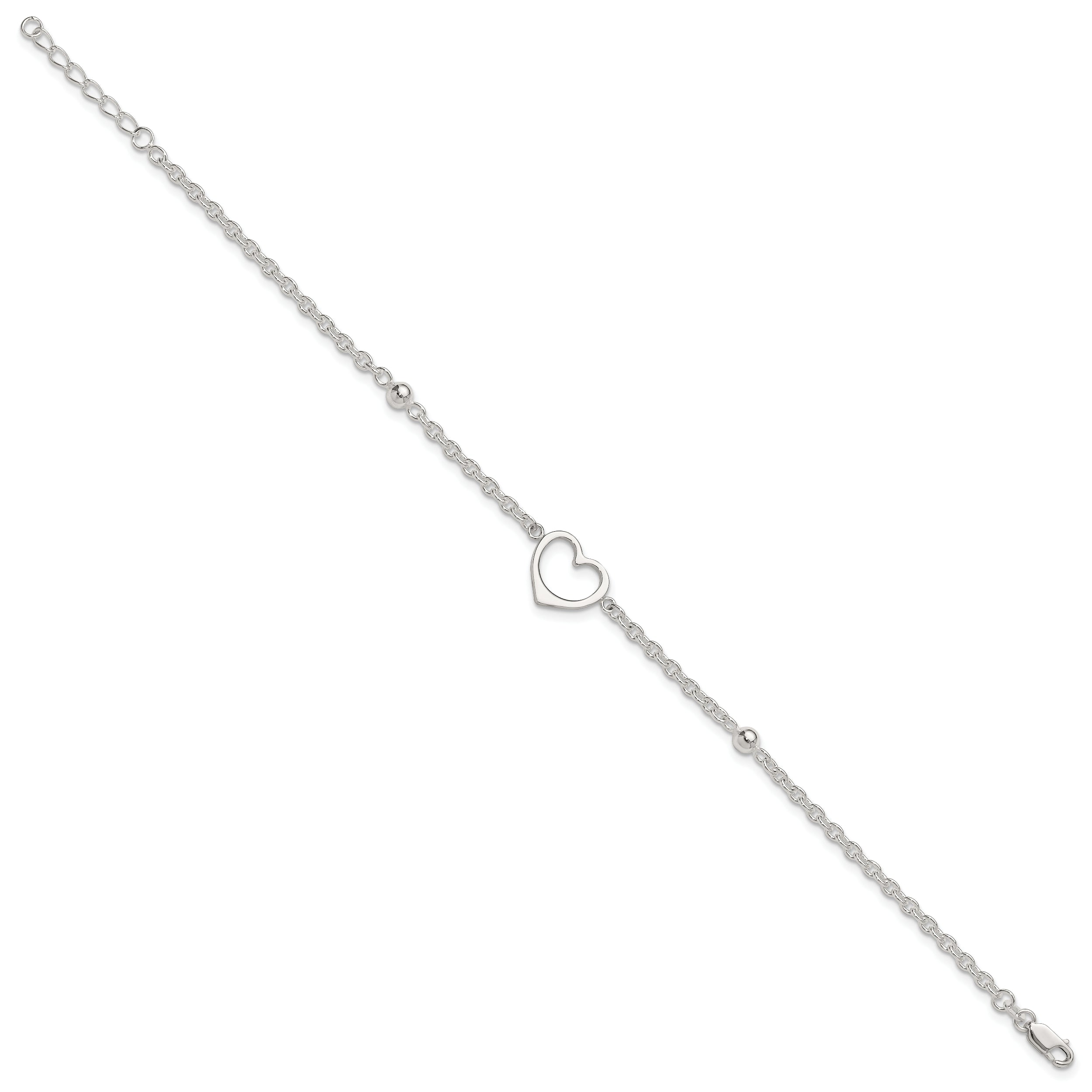 Sterling Silver Open Heart and Bead 9 inch Plus 1 inch Extender - Total 10 inch Anklet