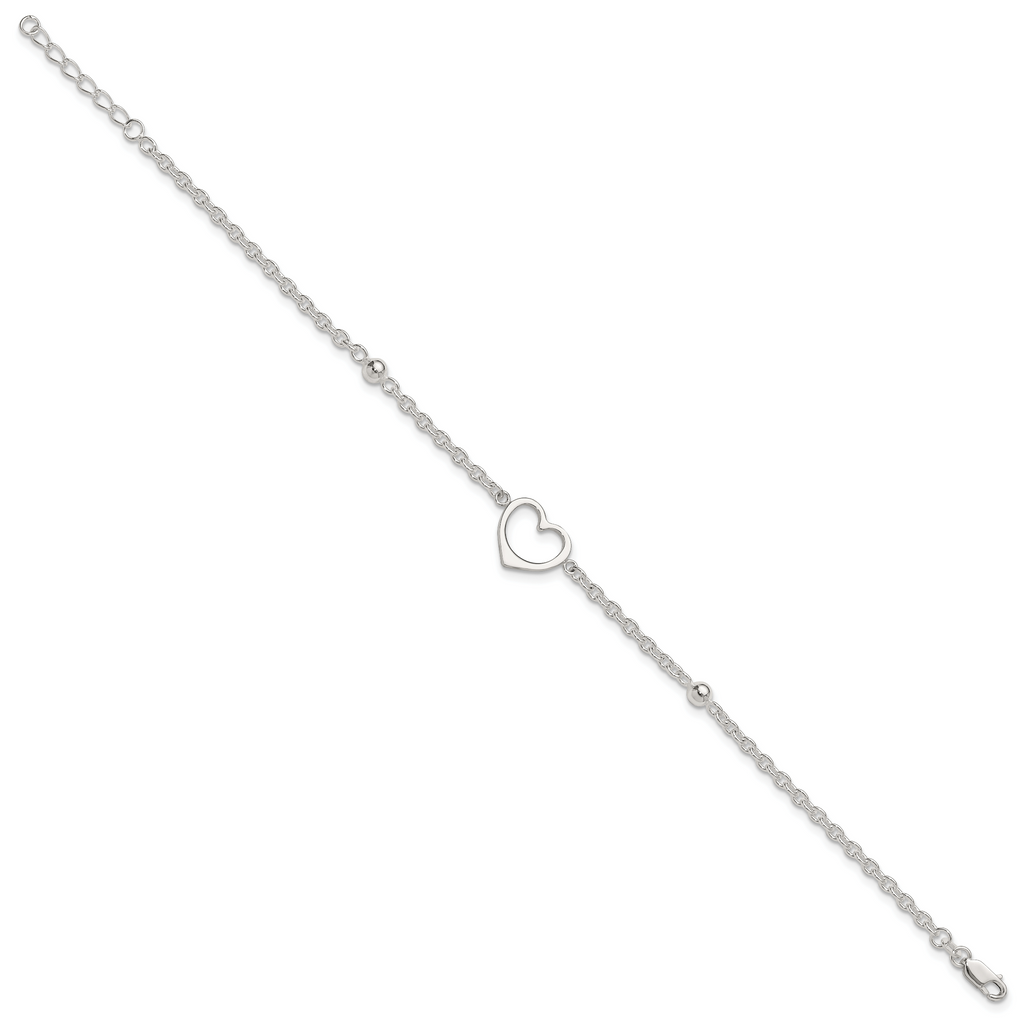 Sterling Silver Open Heart and Bead 9 inch Plus 1 inch Extender - Total 10 inch Anklet