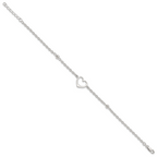 Sterling Silver Open Heart and Bead 9 inch Plus 1 inch Extender - Total 10 inch Anklet