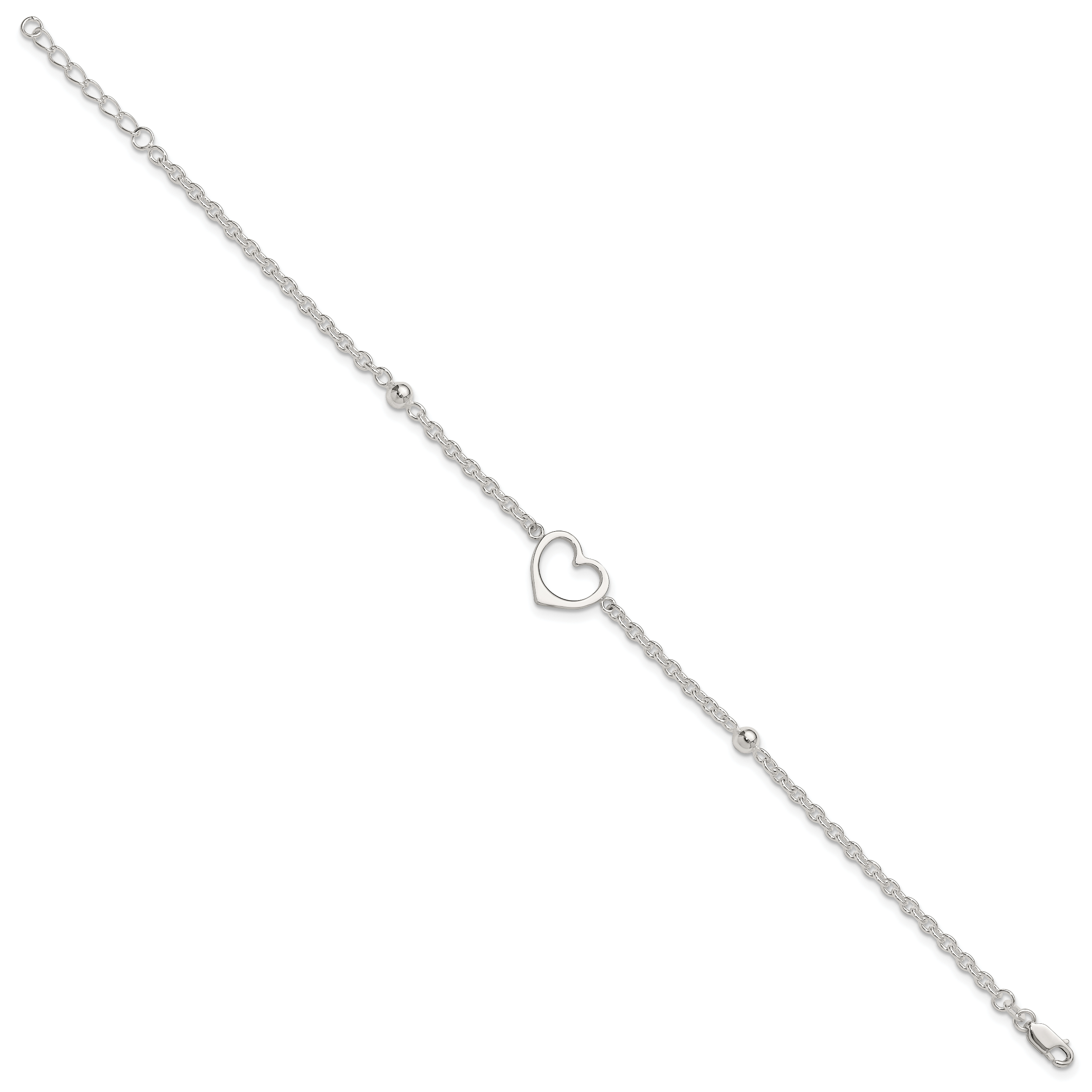 Sterling Silver Open Heart and Bead 9 inch Plus 1 inch Extender - Total 10 inch Anklet