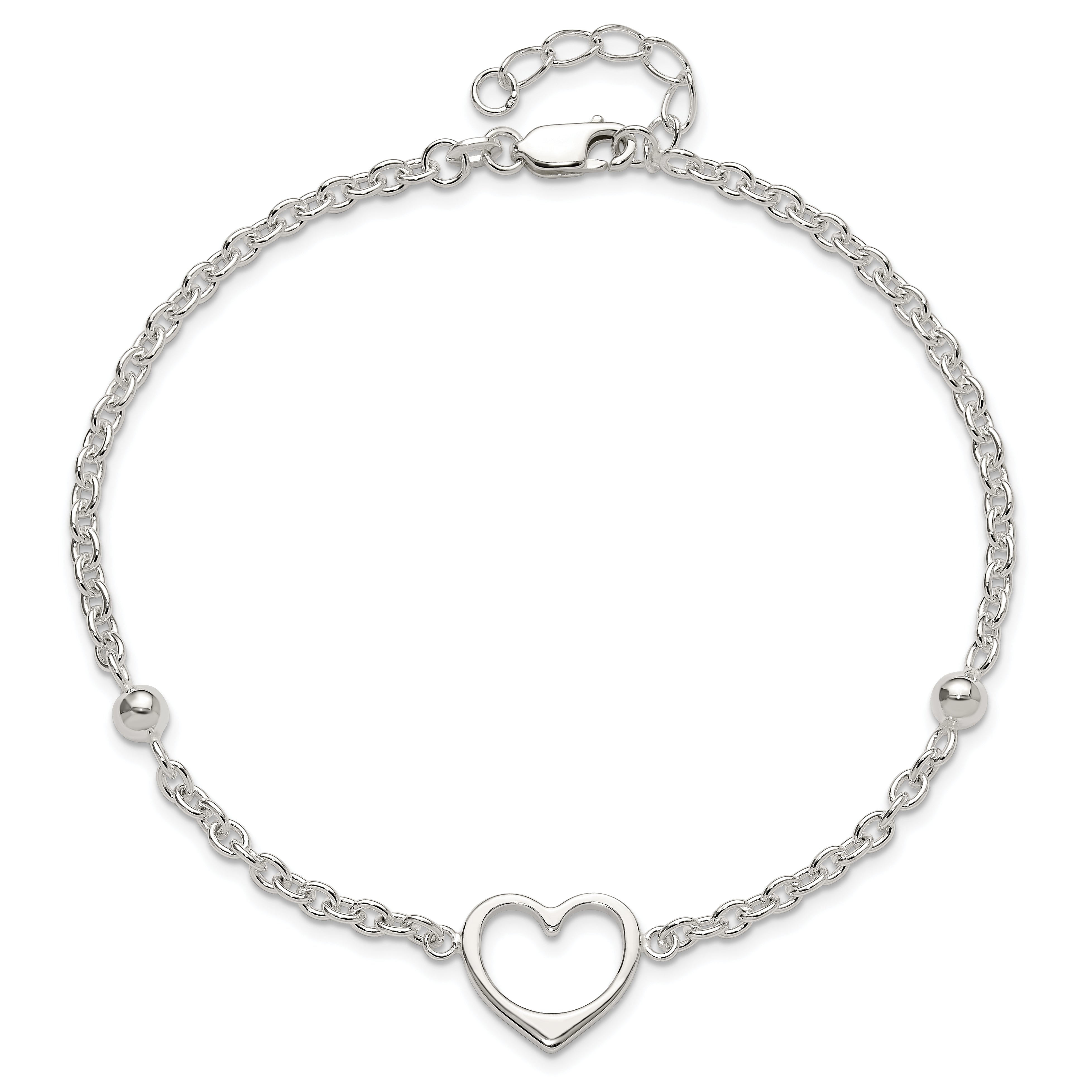 Sterling Silver Open Heart and Bead 9 inch Plus 1 inch Extender - Total 10 inch Anklet