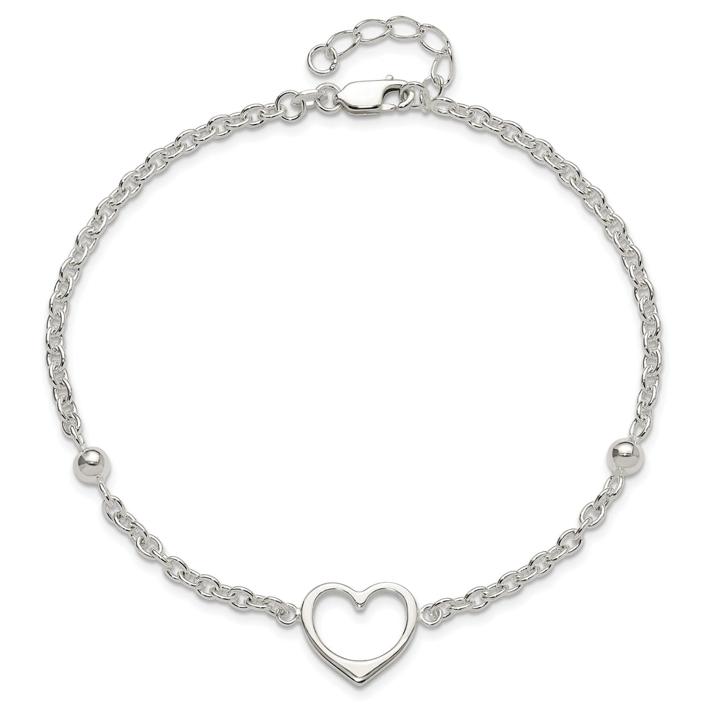 Sterling Silver Open Heart and Bead 9 inch Plus 1 inch Extender - Total 10 inch Anklet