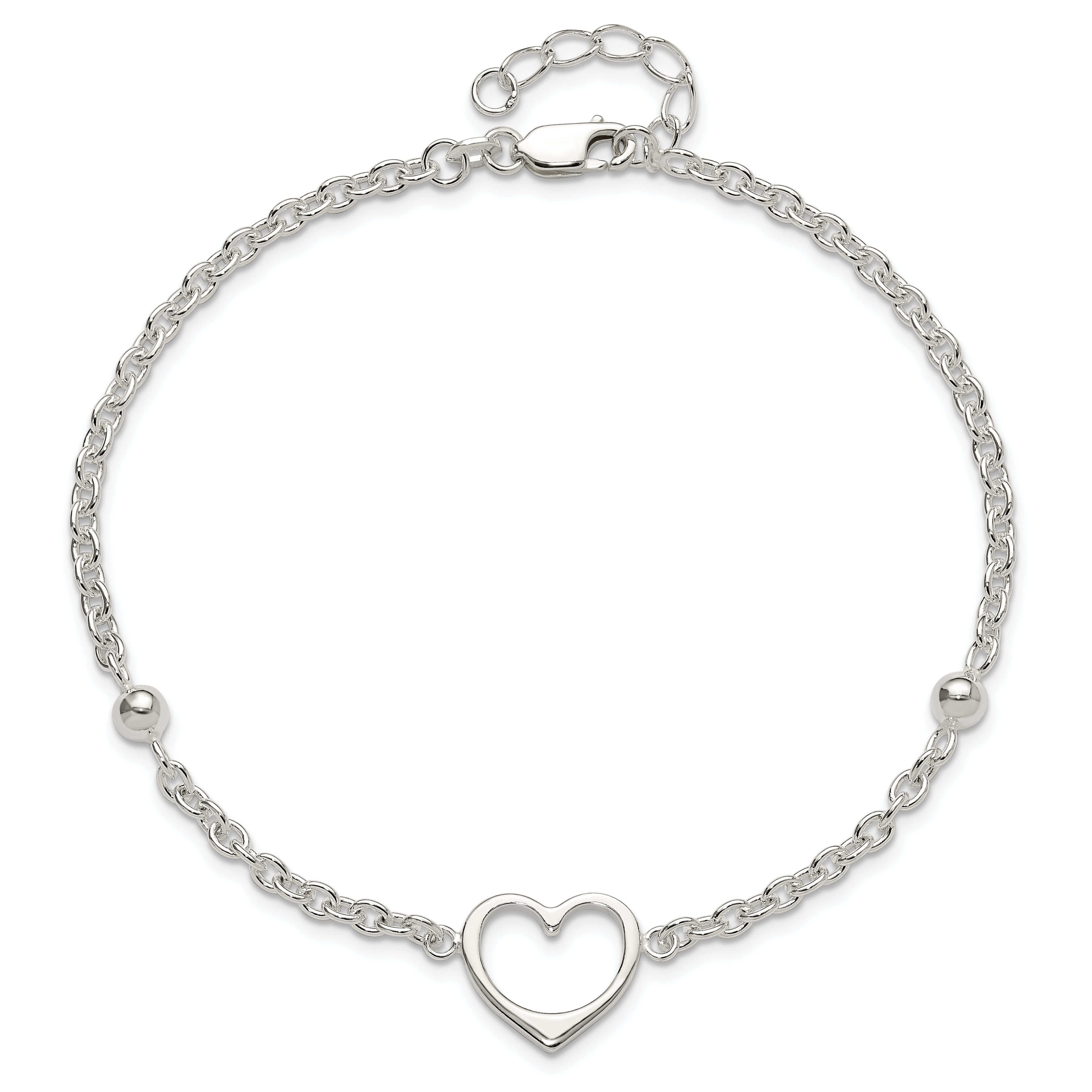 Sterling Silver Open Heart and Bead 9 inch Plus 1 inch Extender - Total 10 inch Anklet