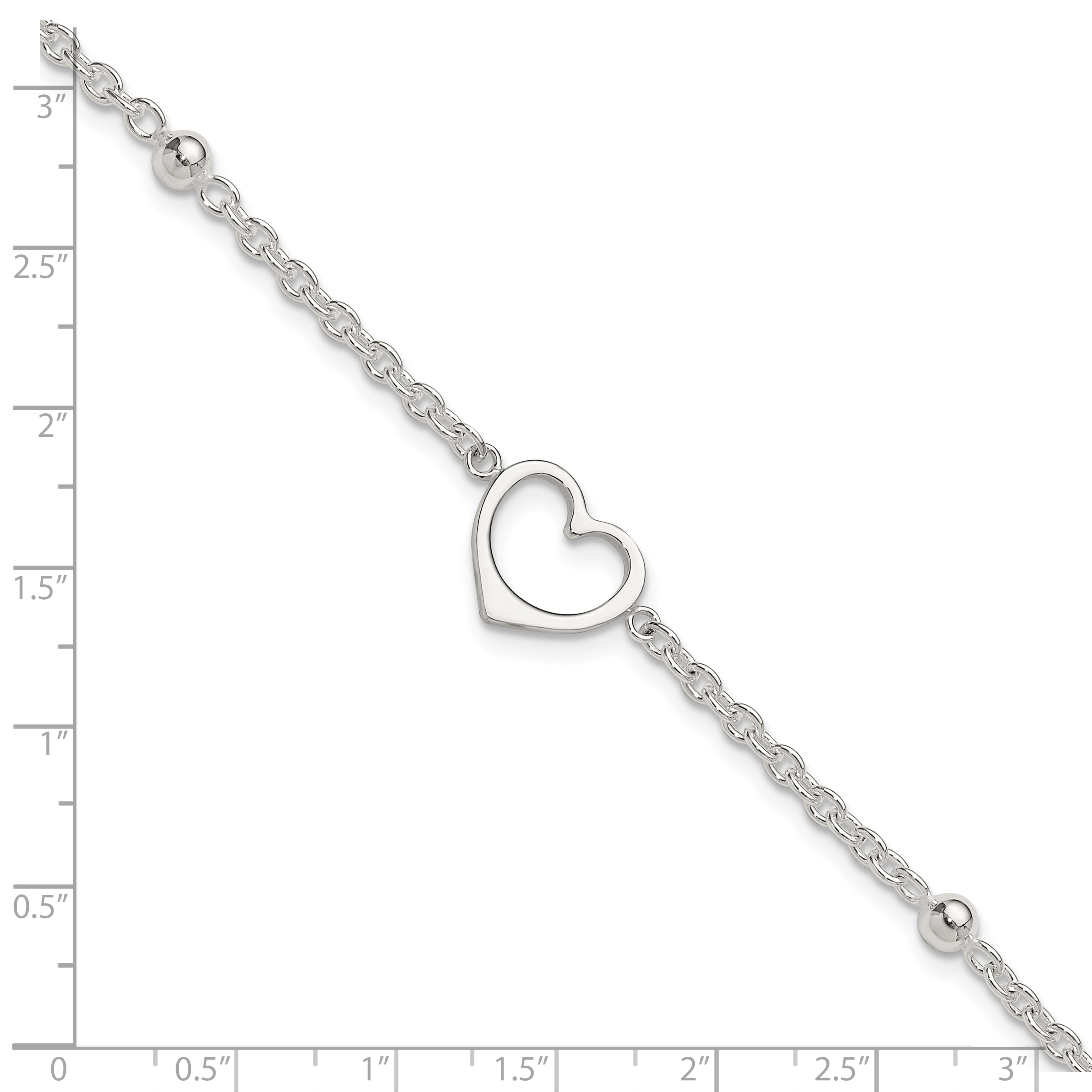 Sterling Silver Open Heart and Bead 9 inch Plus 1 inch Extender - Total 10 inch Anklet