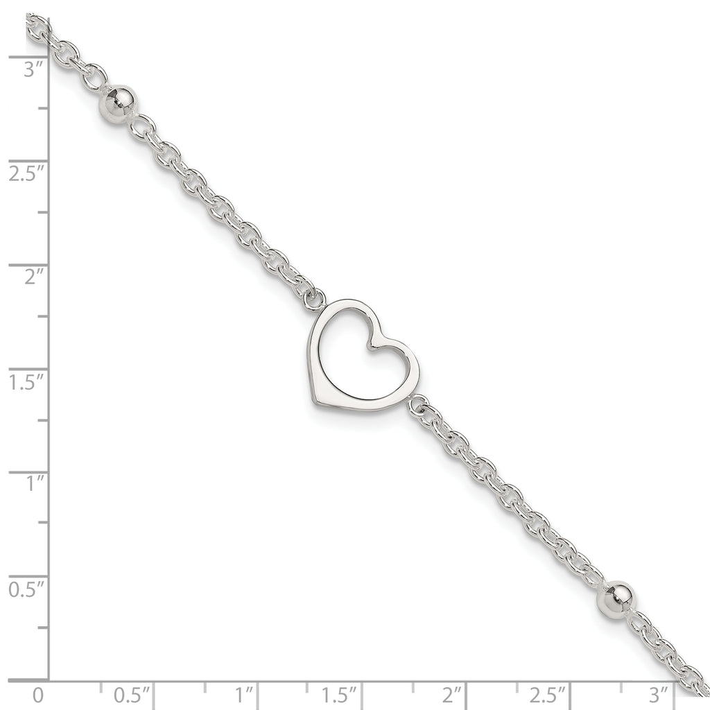 Sterling Silver Open Heart and Bead 9 inch Plus 1 inch Extender - Total 10 inch Anklet