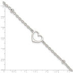 Sterling Silver Open Heart and Bead 9 inch Plus 1 inch Extender - Total 10 inch Anklet