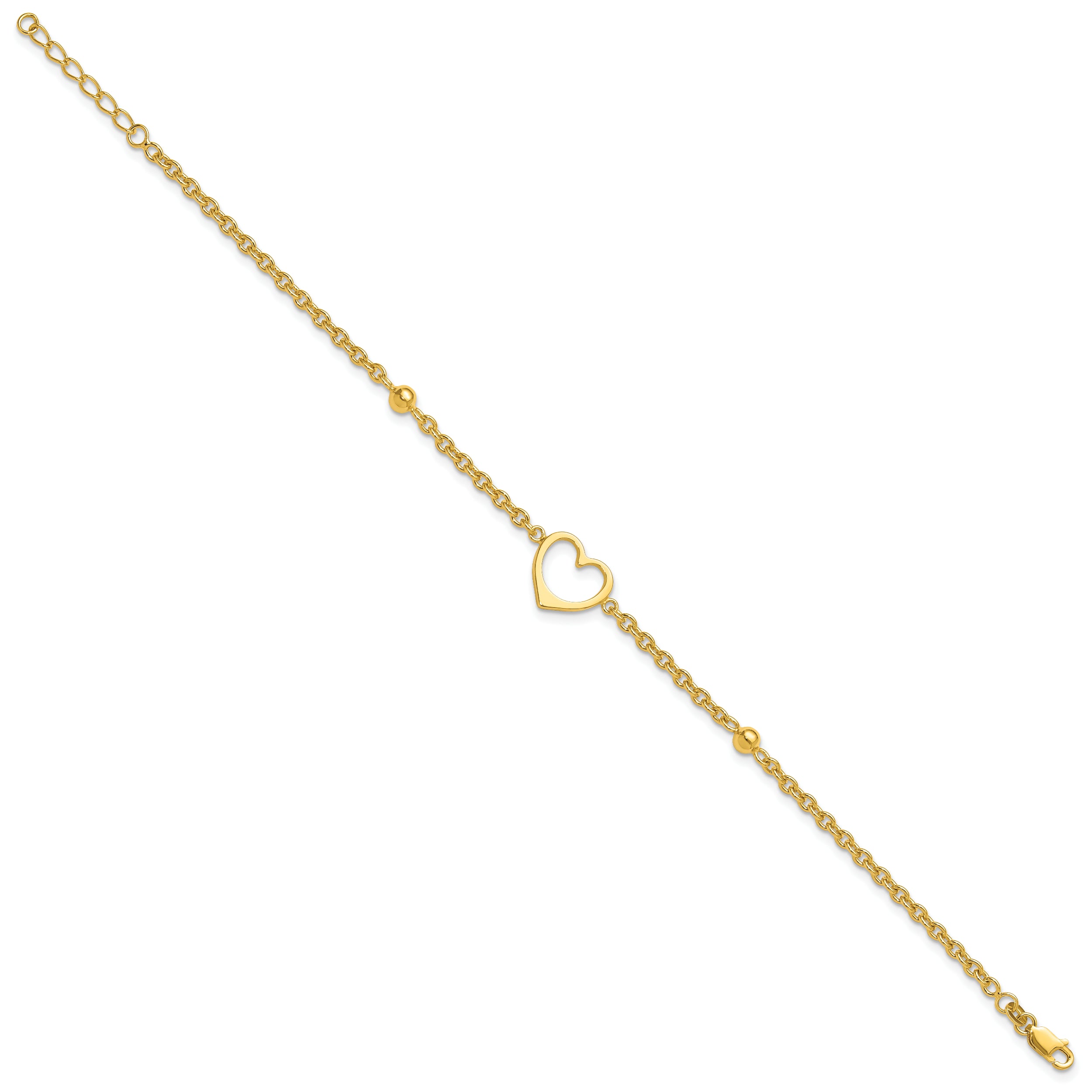 Sterling Silver Gold-tone Heart and Bead 9 inch Plus 1 inch Extender - Total 10 inch Anklet