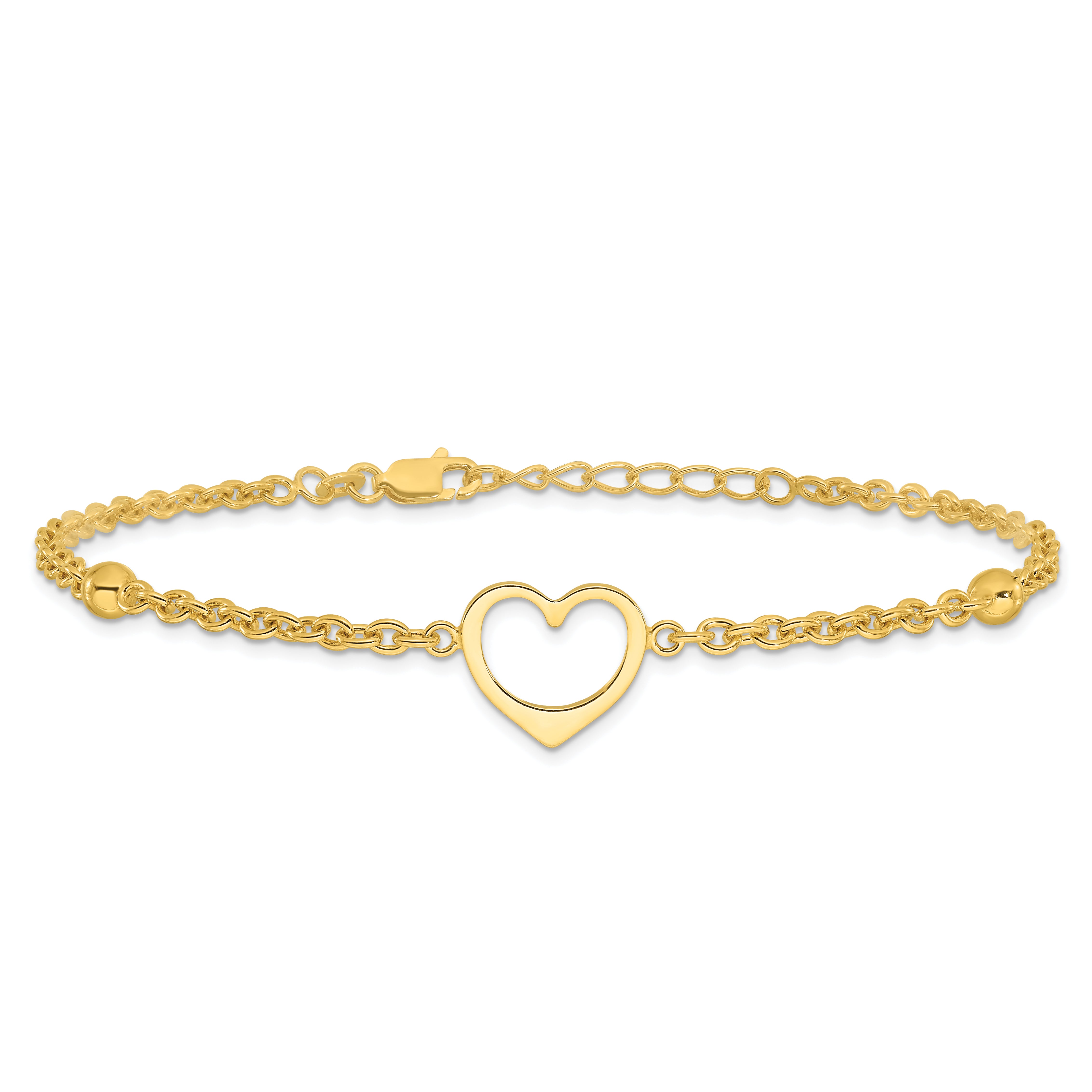 Sterling Silver Gold-tone Heart and Bead 9 inch Plus 1 inch Extender - Total 10 inch Anklet