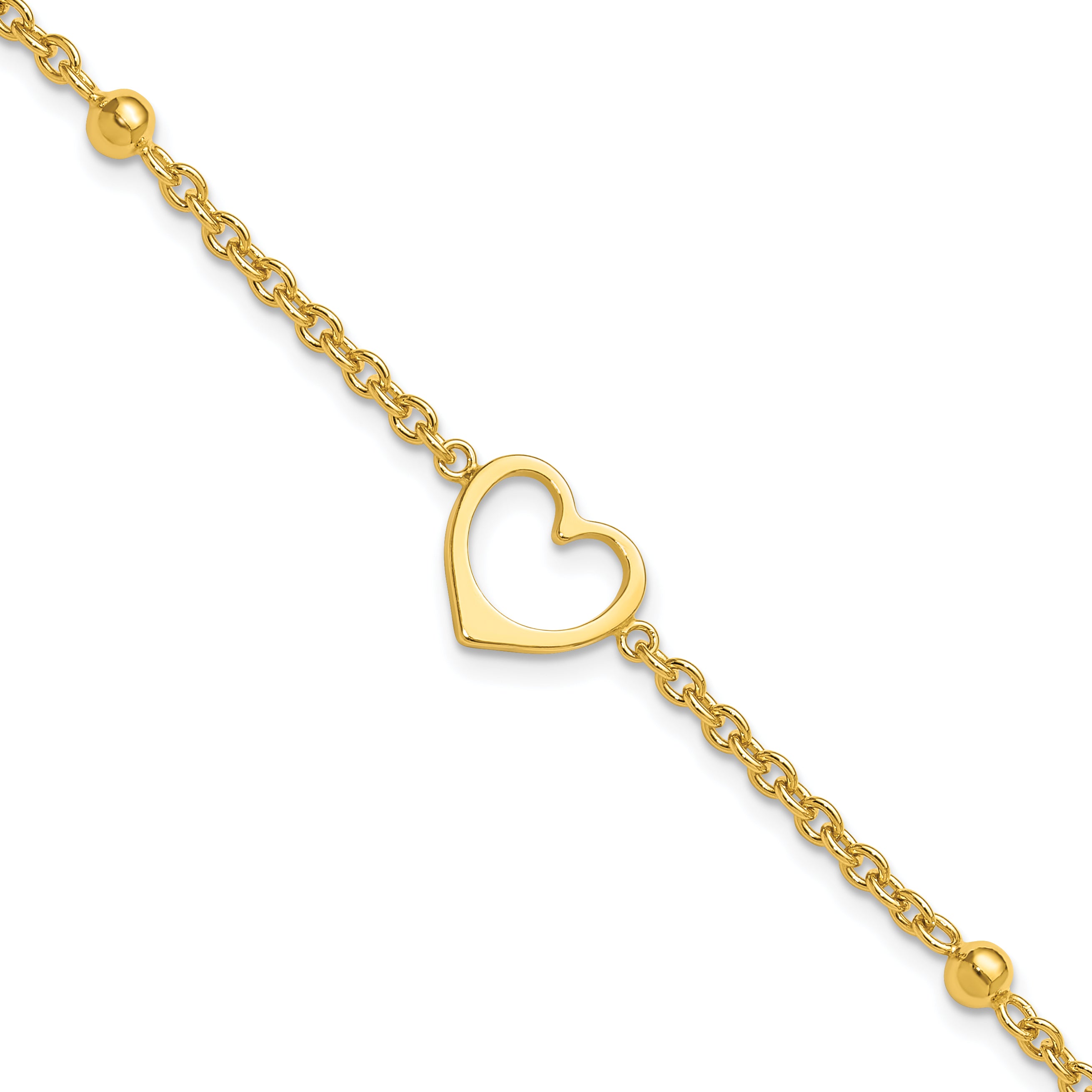 Sterling Silver Gold-tone Heart and Bead 9 inch Plus 1 inch Extender - Total 10 inch Anklet