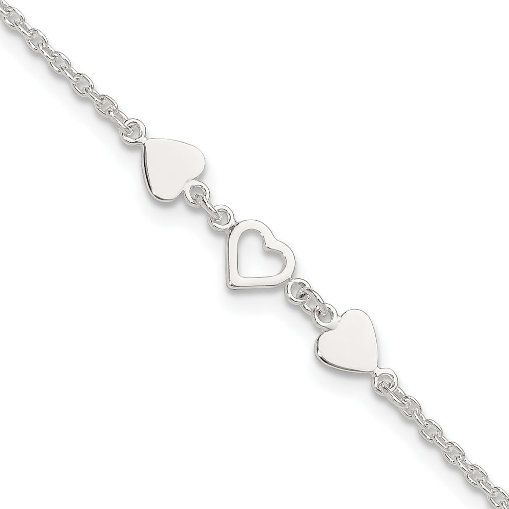Sterling Silver Three Hearts 9 inch Plus 1 inch Extender - Total 10 inch Anklet