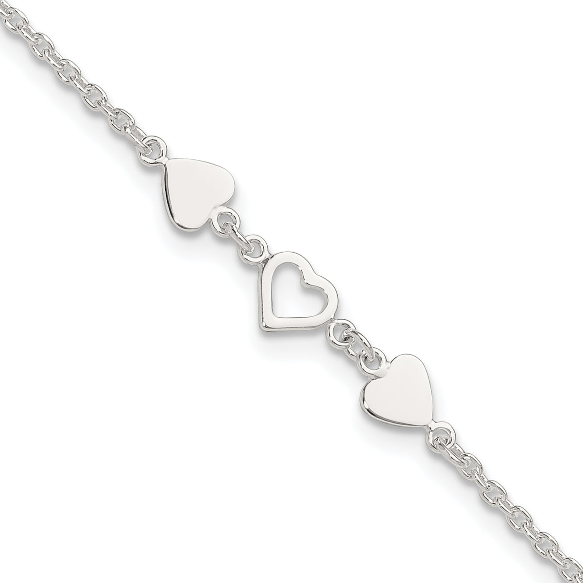 Sterling Silver Three Hearts 9 inch Plus 1 inch Extender - Total 10 inch Anklet