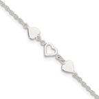 Sterling Silver Three Hearts 8 inch Plus 1 inch Extender - Total 9 inch Anklet