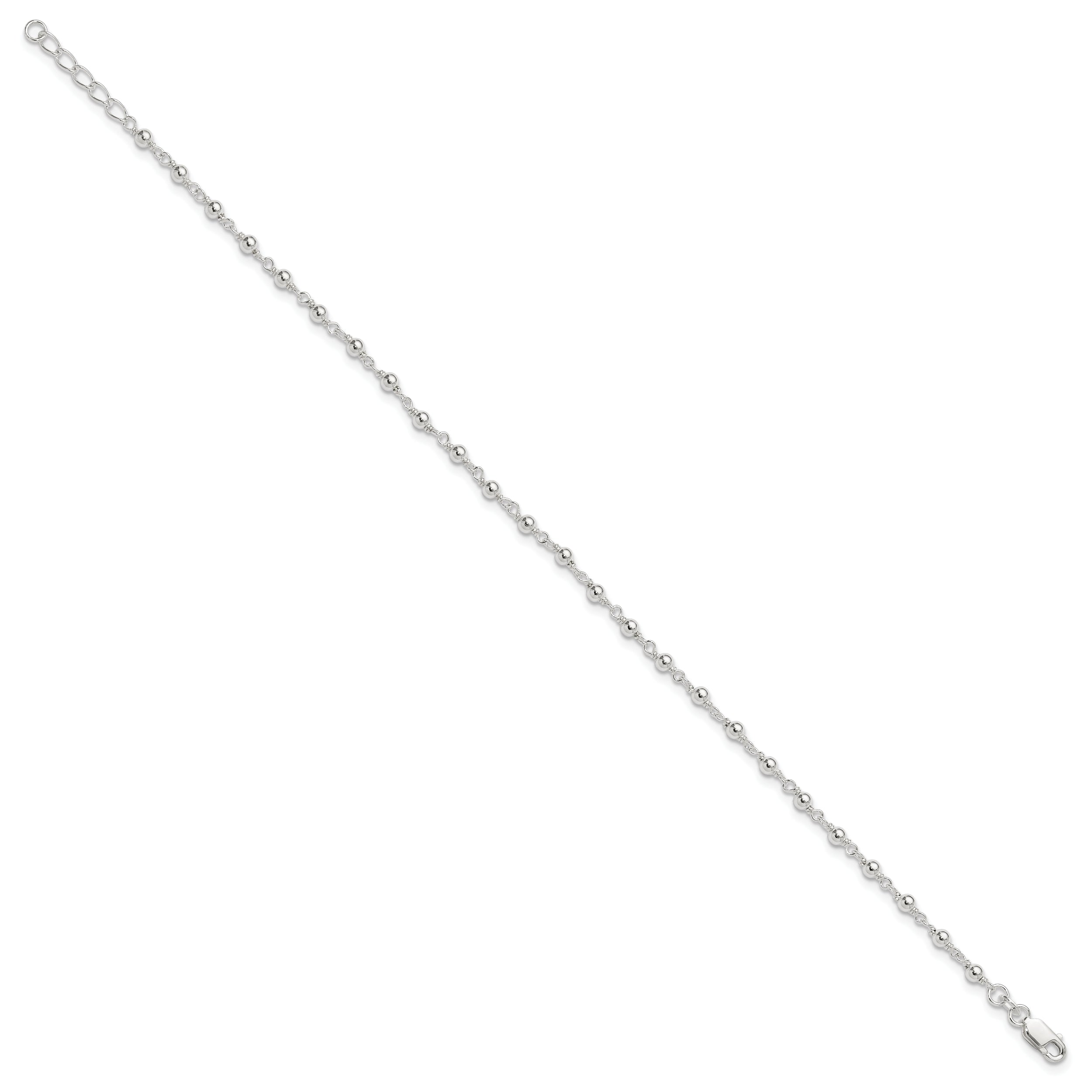 Sterling Silver Beaded 9 inch Plus 1 inch Extender - Total 10 inch Anklet
