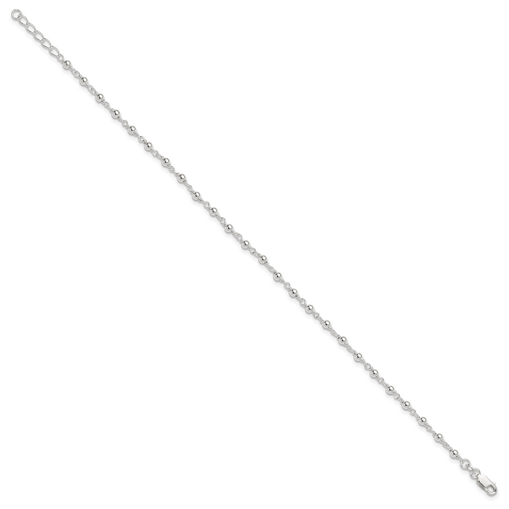 Sterling Silver Beaded 9 inch Plus 1 inch Extender - Total 10 inch Anklet