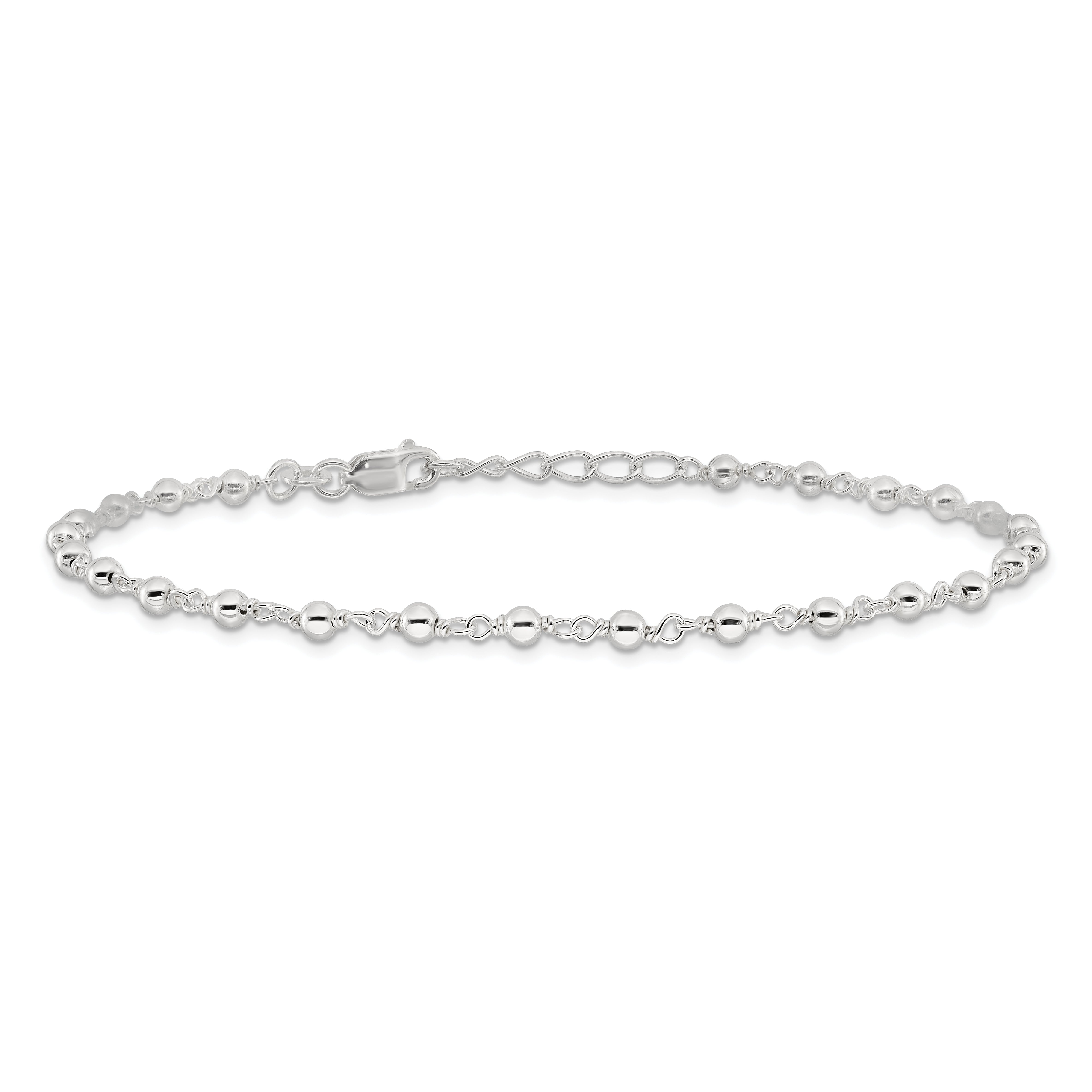 Sterling Silver Beaded 9 inch Plus 1 inch Extender - Total 10 inch Anklet