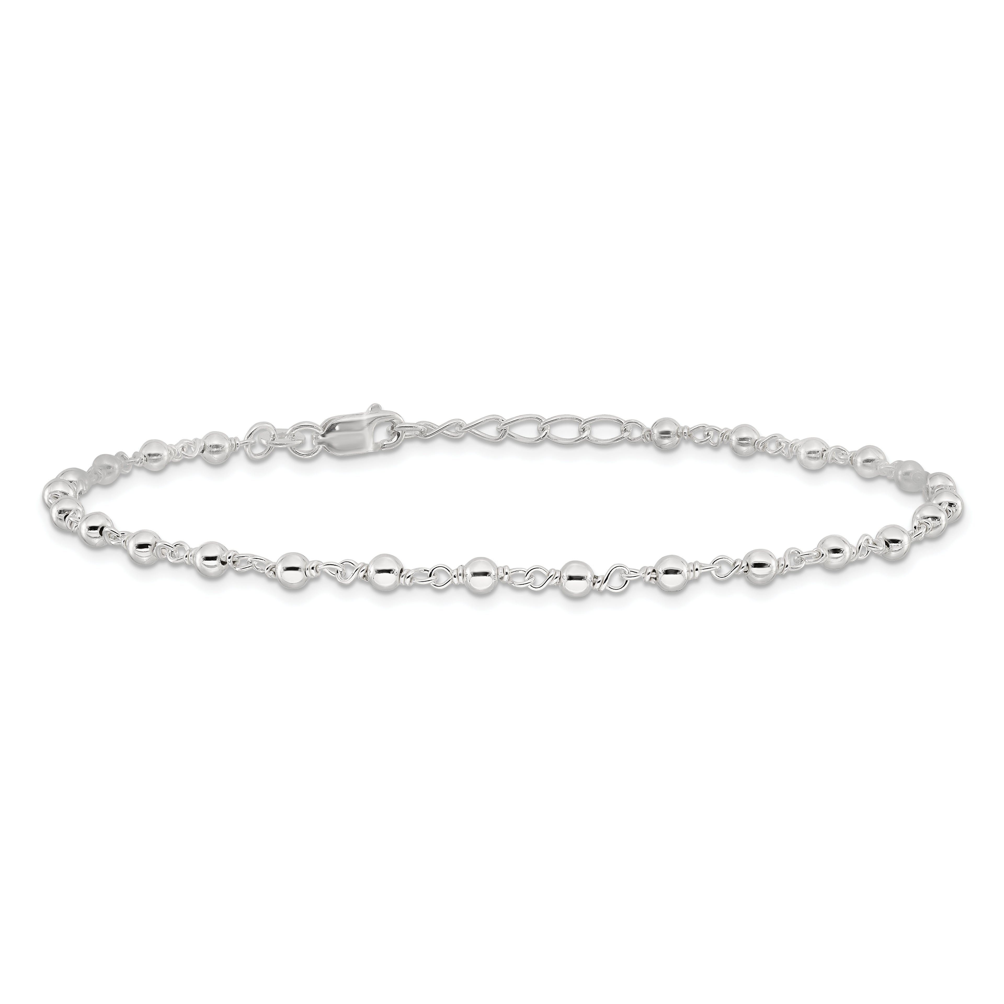 Sterling Silver Beaded 9 inch Plus 1 inch Extender - Total 10 inch Anklet