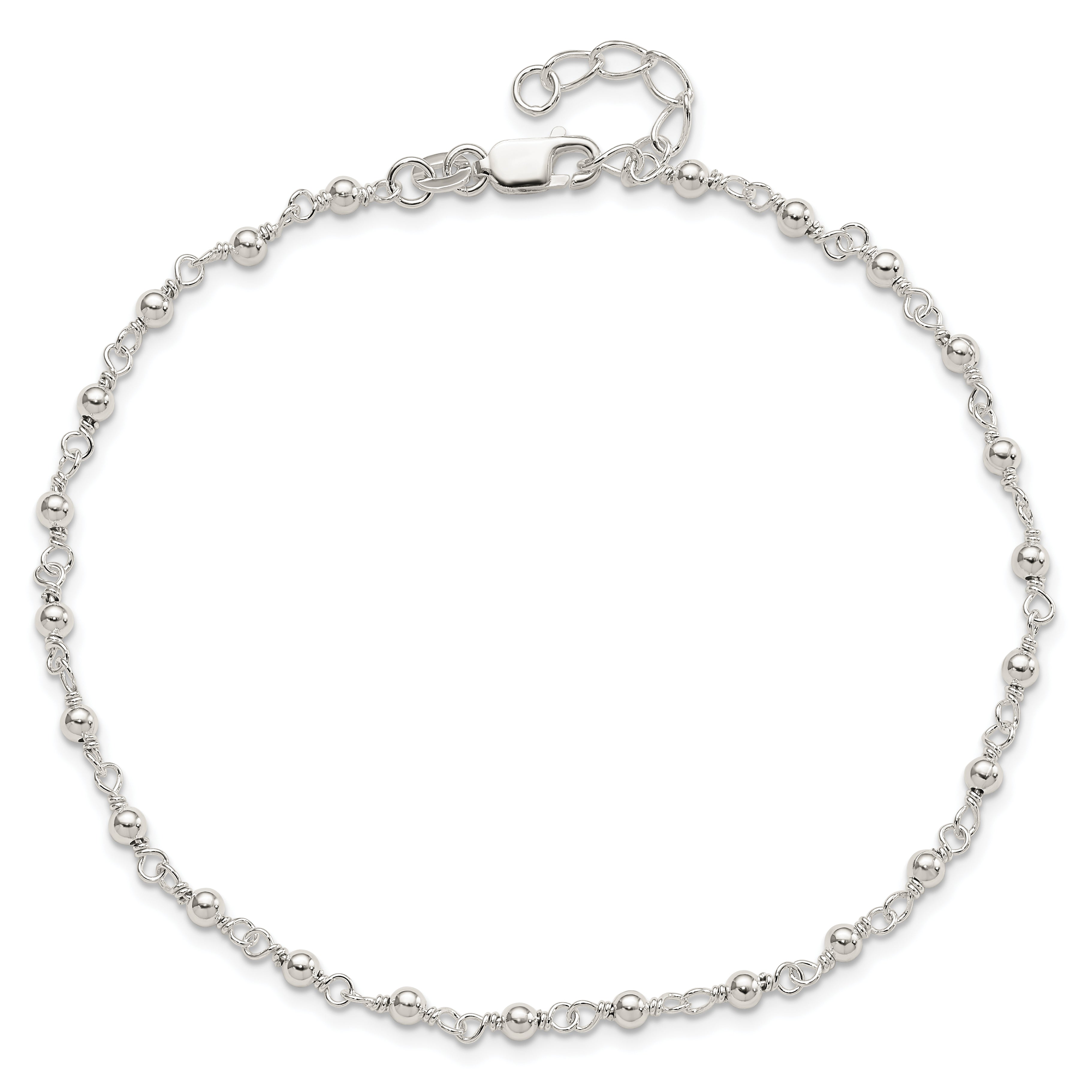 Sterling Silver Beaded 9 inch Plus 1 inch Extender - Total 10 inch Anklet