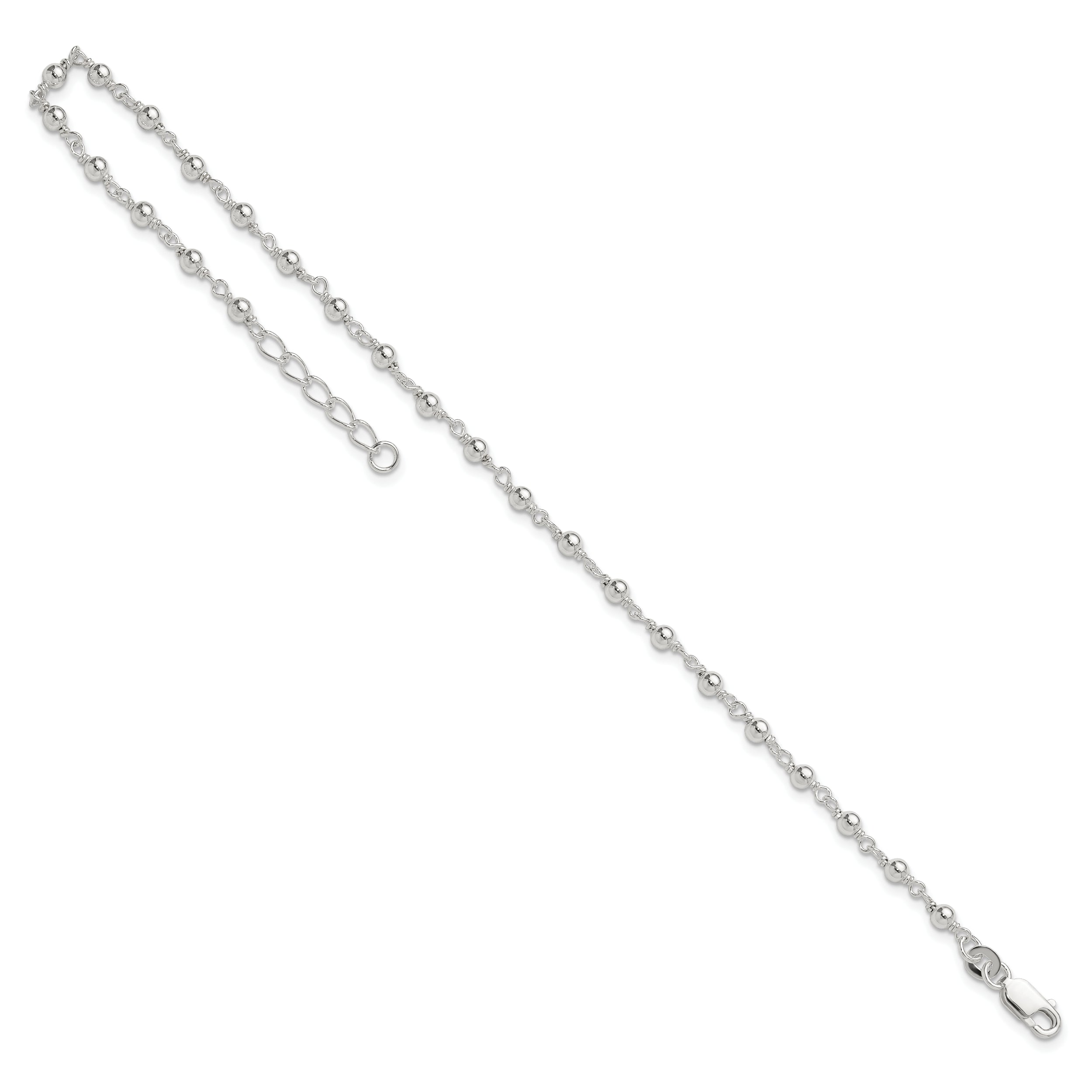 Sterling Silver Beaded 9 inch Plus 1 inch Extender - Total 10 inch Anklet