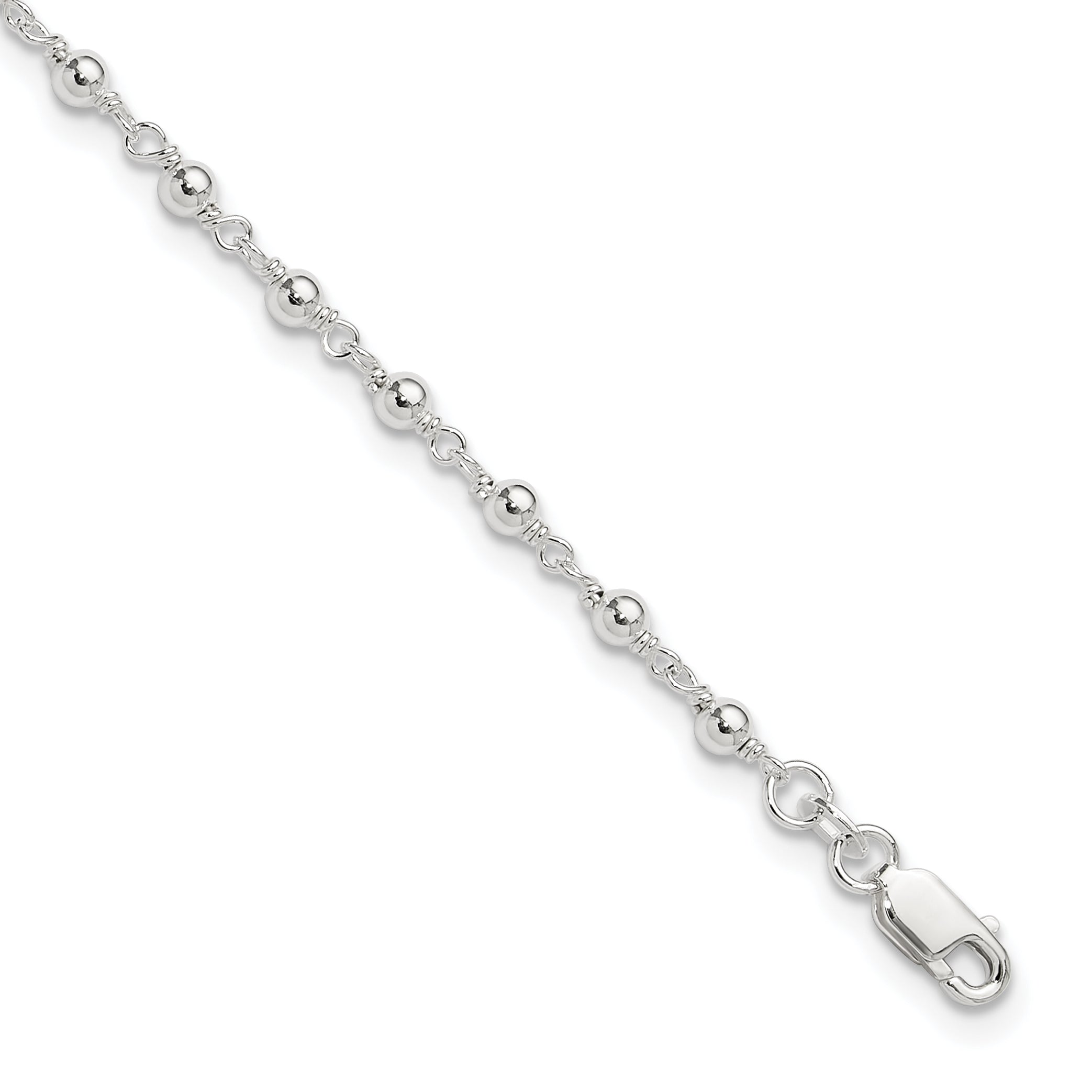 Sterling Silver Beaded 9 inch Plus 1 inch Extender - Total 10 inch Anklet
