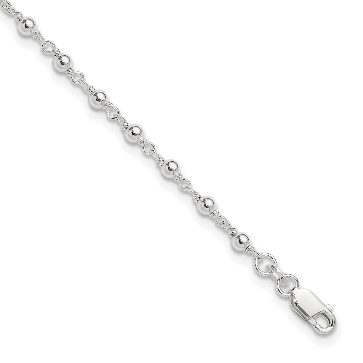 Sterling Silver Beaded 9 inch Plus 1 inch Extender - Total 10 inch Anklet