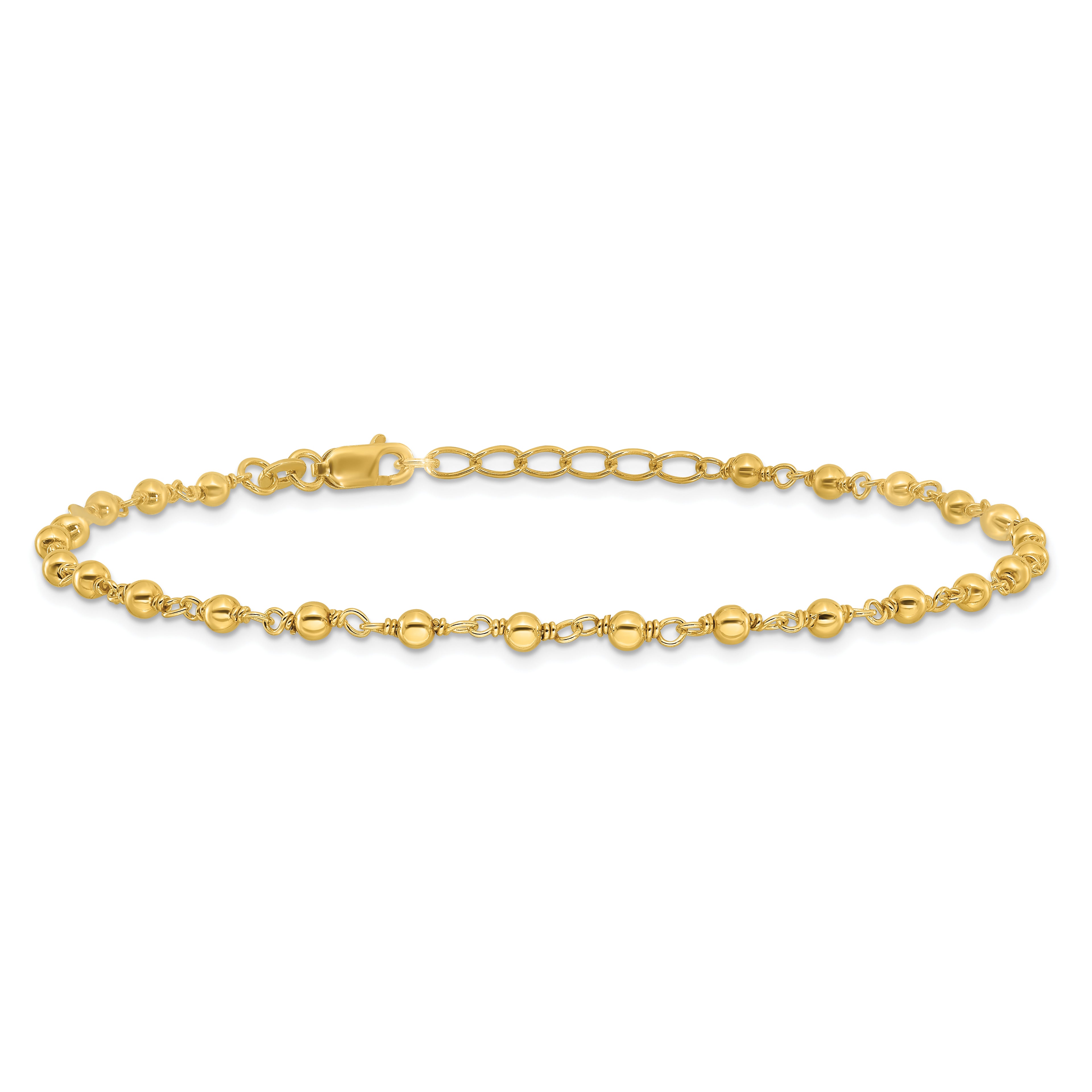 Sterling Silver Gold-tone Beaded 9in Plus 1in Extender Anklet