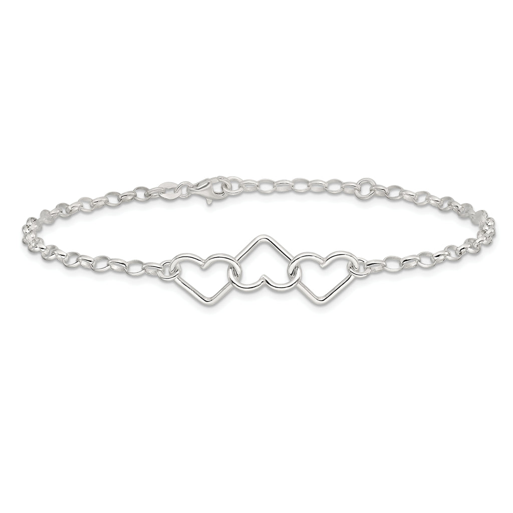 Sterling Silver Interlocking Hearts 8 inch Plus 1 inch Extender - Total 9 inch Anklet
