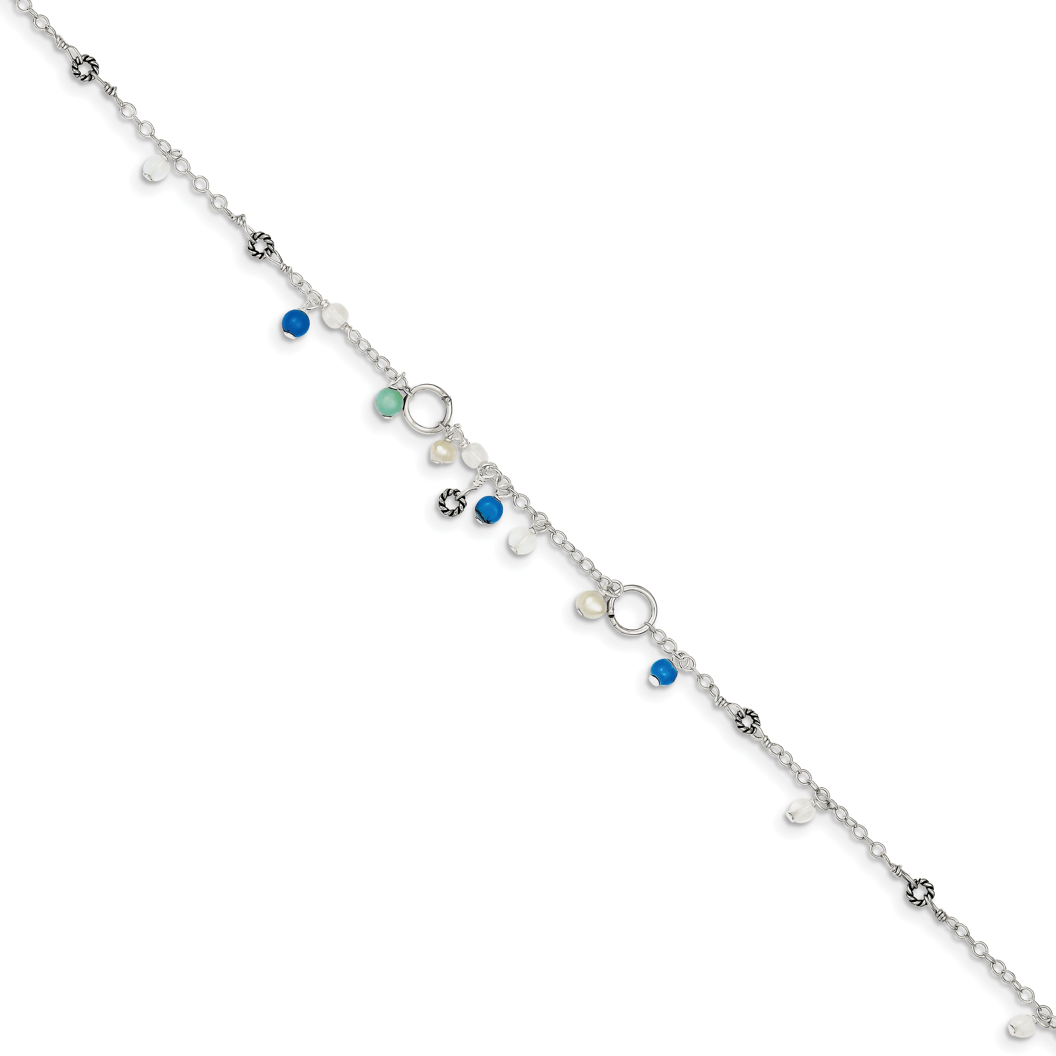 Sterling Silver Turquoise/Clear Bead/FW Cultured Pearl Anklet Secondary image