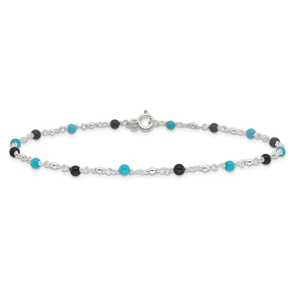 Sterling Silver Onyx/Turquoise Beads Anklet