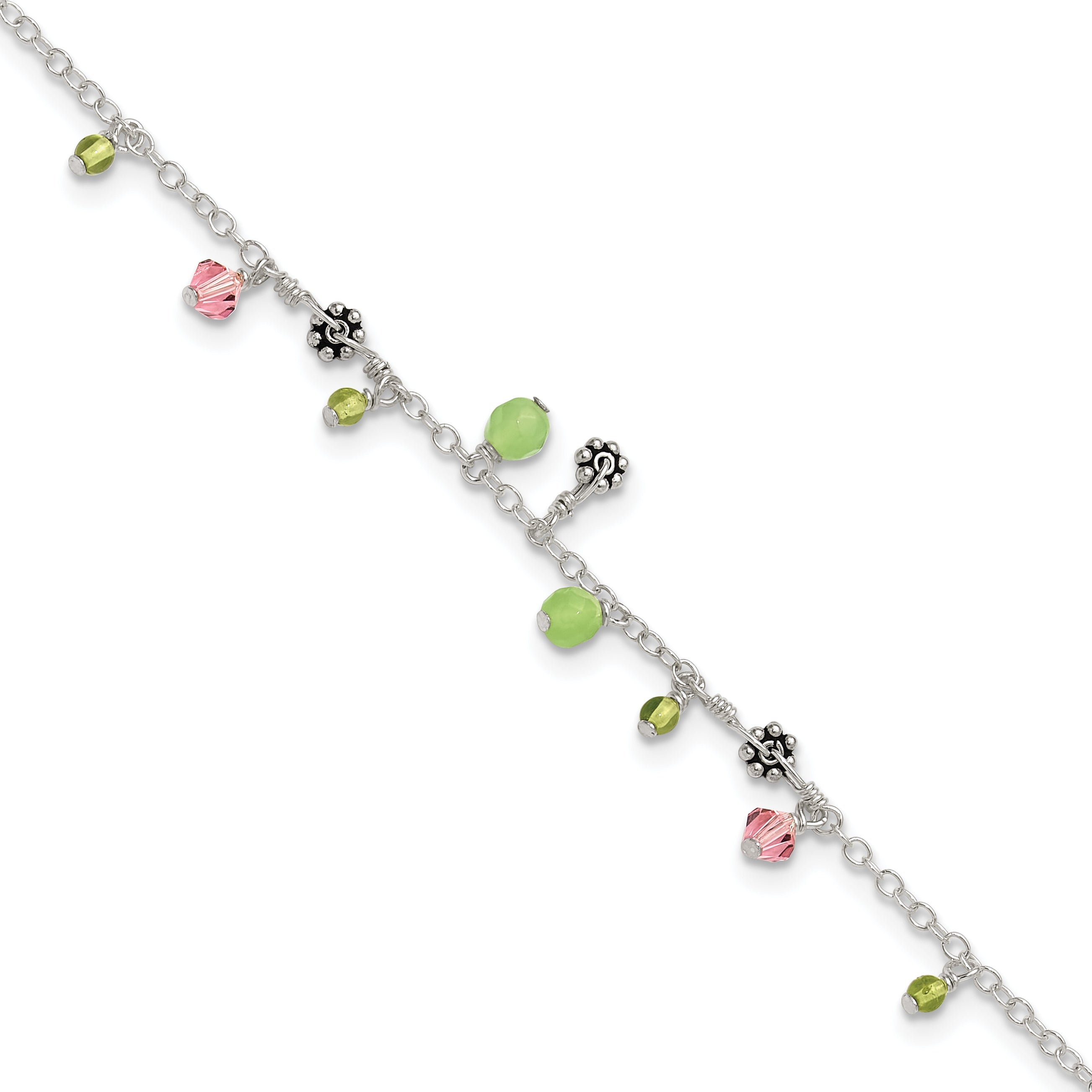 Sterling Silver 9in Pink Crystal Green Quartz Peridot Beads Anklet Main image