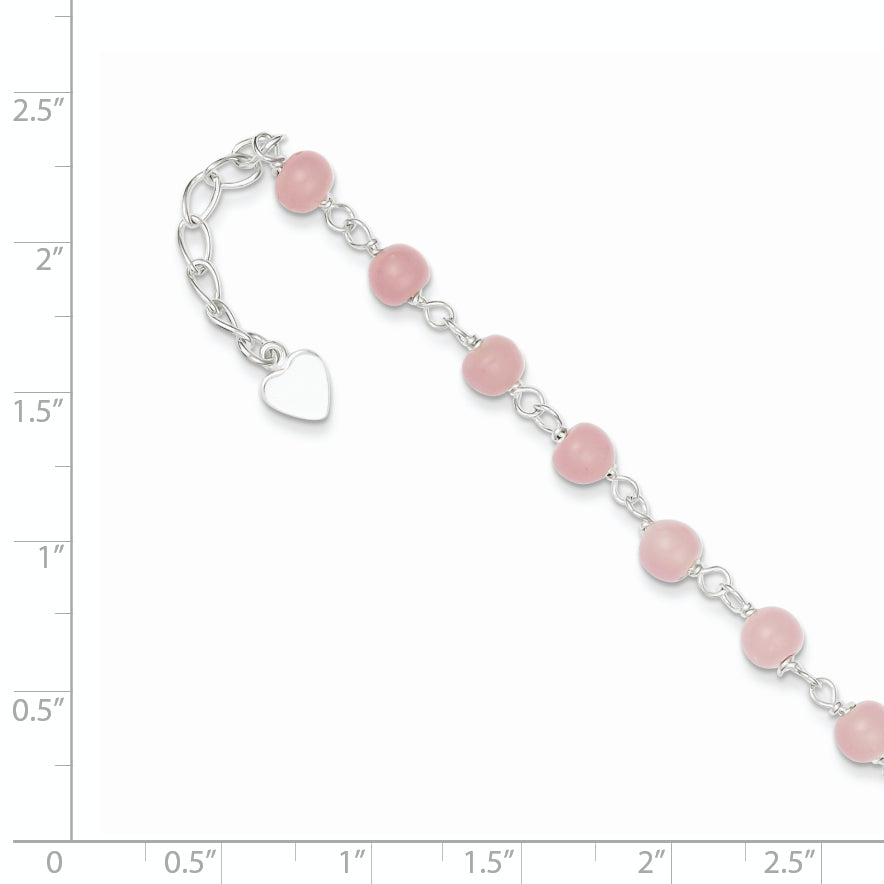 Sterling Silver Pink Glass Bead with Heart Dangle 8 inch Plus 1 inch Extender - Total 9 inch Anklet