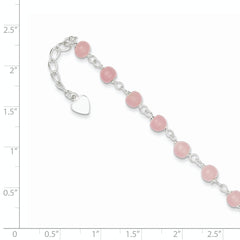 Sterling Silver Pink Glass Bead with Heart Dangle 8 inch Plus 1 inch Extender - Total 9 inch Anklet