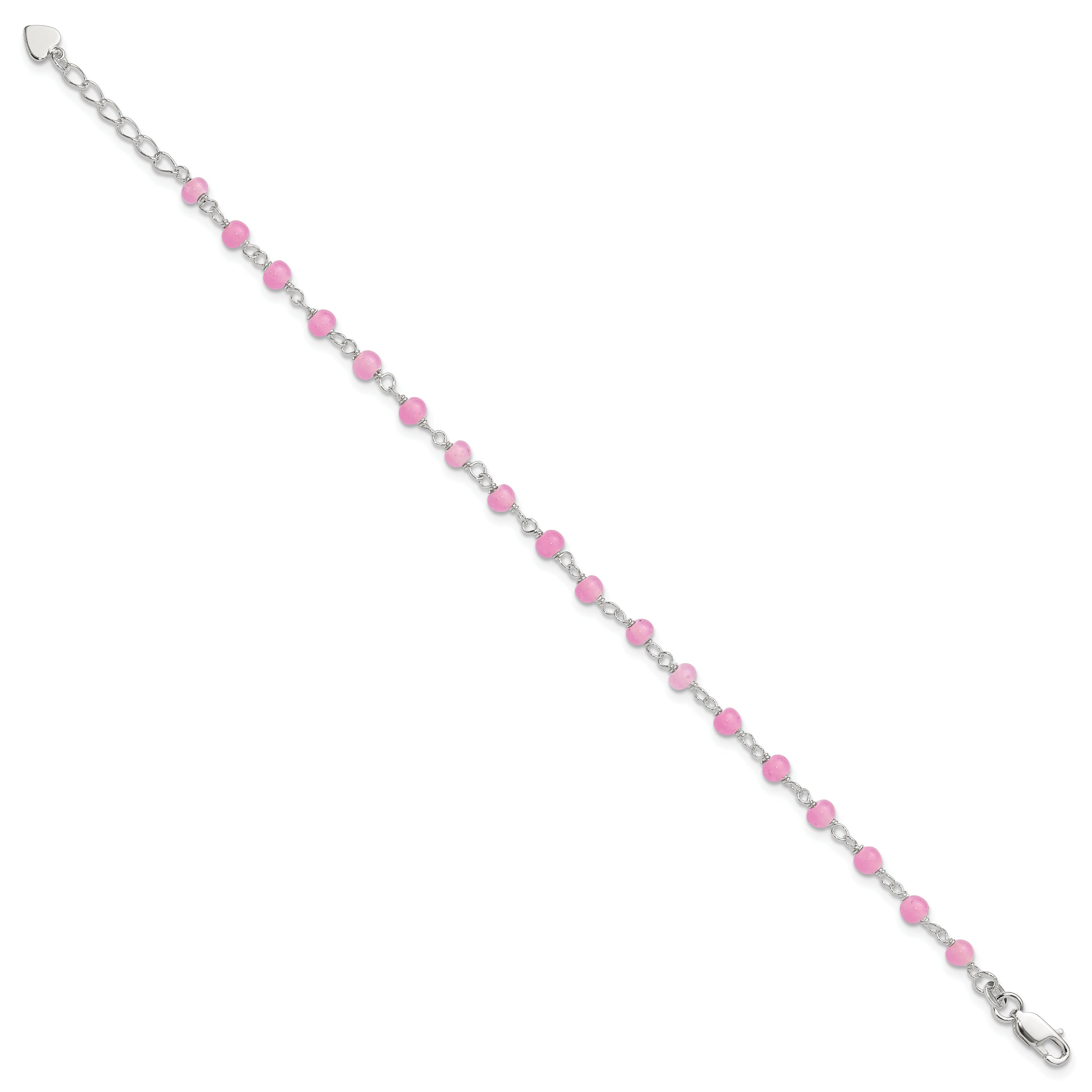 Sterling Silver Pink Glass Bead with Heart Dangle 8 inch Plus 1 inch Extender - Total 9 inch Anklet