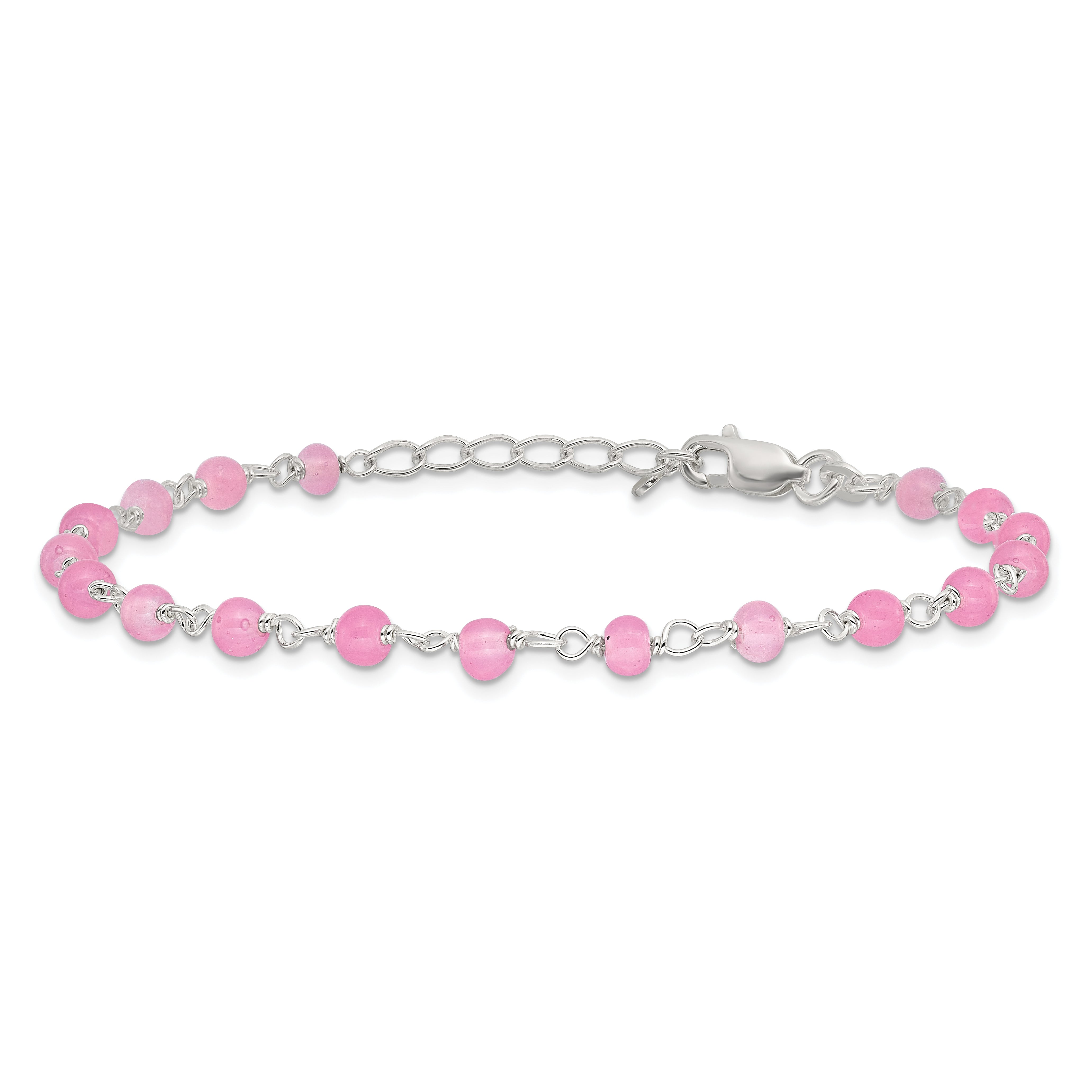 Sterling Silver Pink Glass Bead with Heart Dangle 8 inch Plus 1 inch Extender - Total 9 inch Anklet