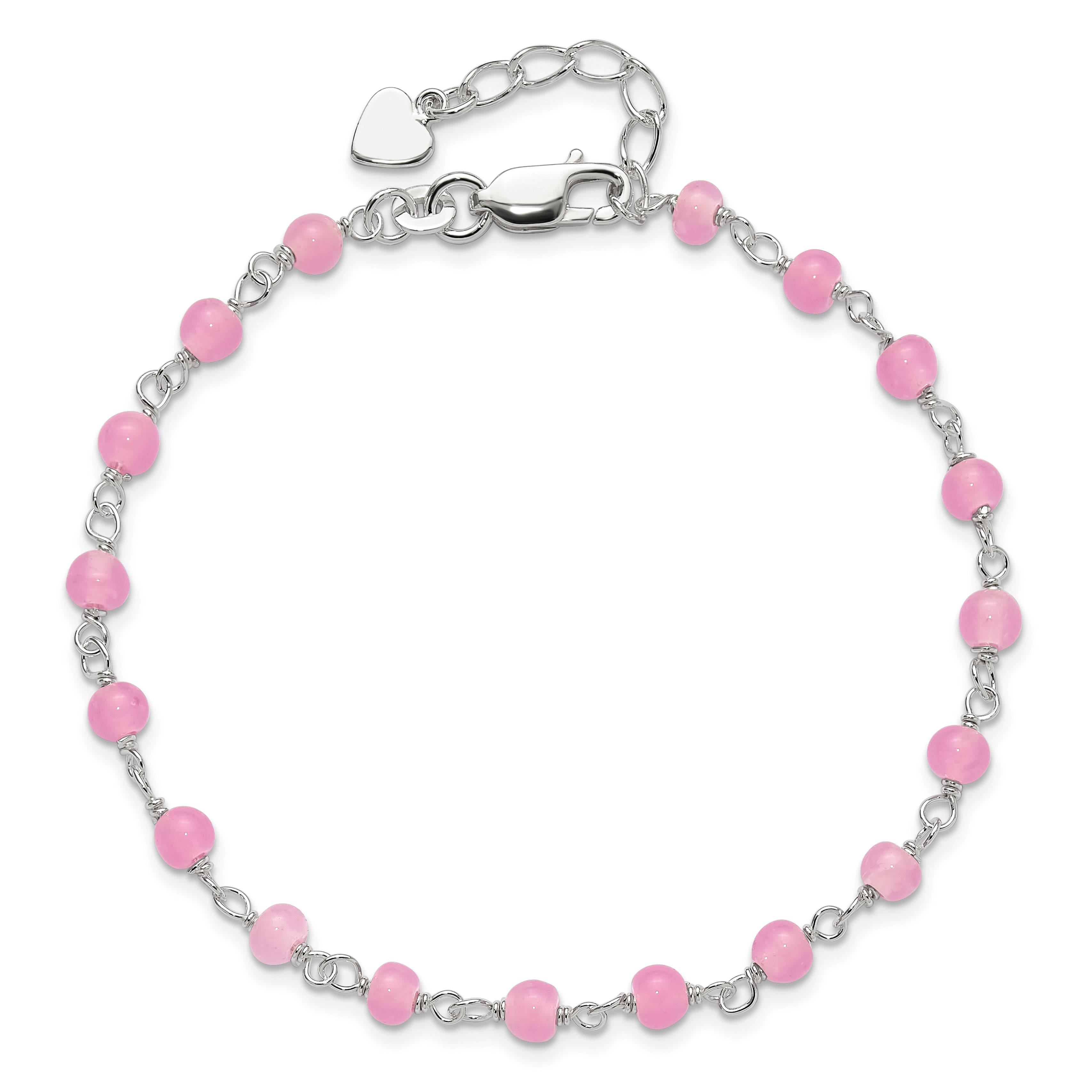 Sterling Silver Pink Glass Bead with Heart Dangle 8 inch Plus 1 inch Extender - Total 9 inch Anklet