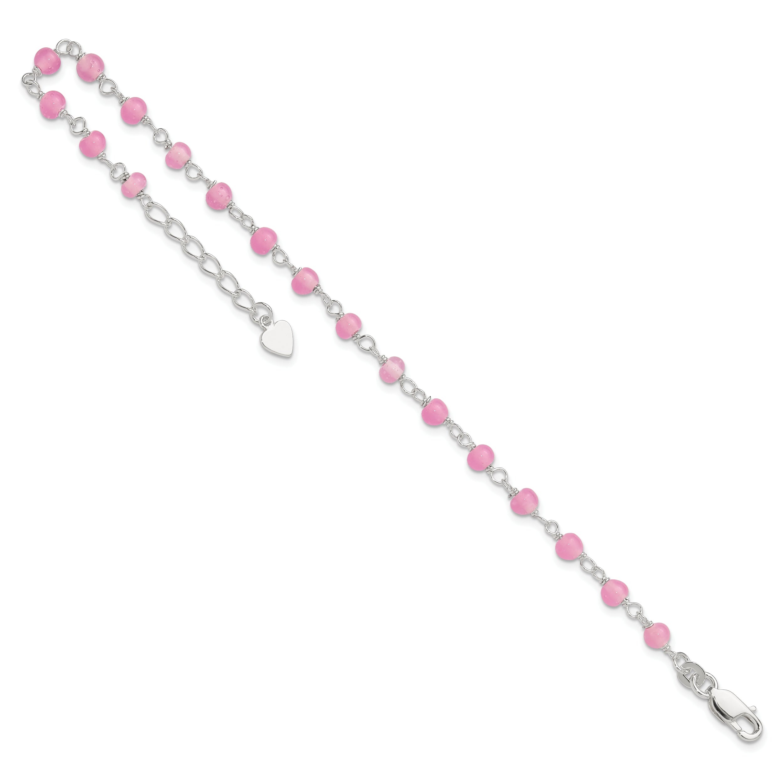 Sterling Silver Pink Glass Bead with Heart Dangle 8 inch Plus 1 inch Extender - Total 9 inch Anklet