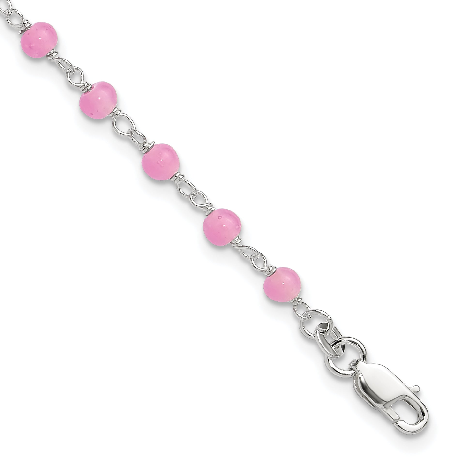 Sterling Silver Pink Glass Bead with Heart Dangle 8 inch Plus 1 inch Extender - Total 9 inch Anklet Main image