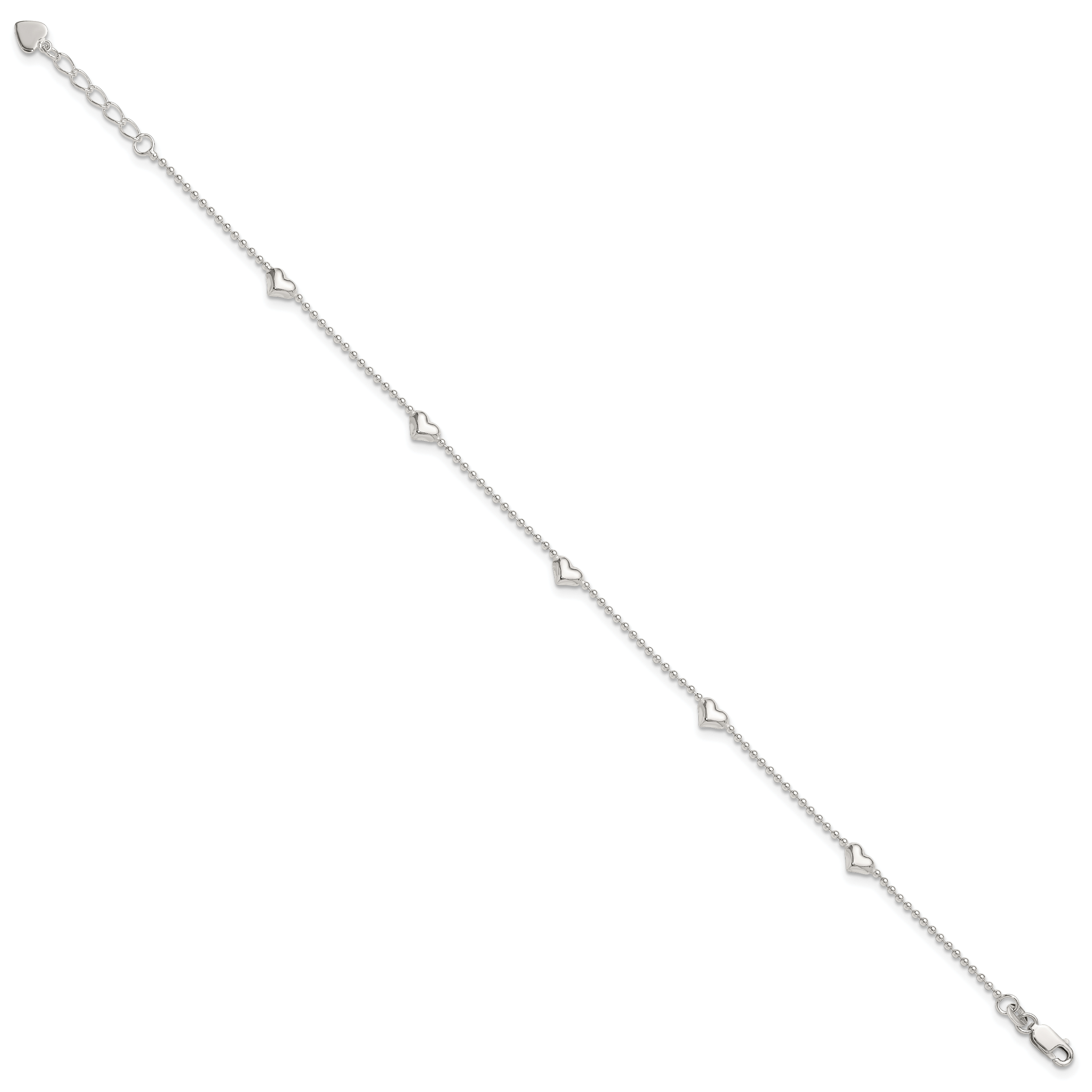 Sterling Silver Puffed Heart 5-Station 9 inch Plus 1 inch Extender - Total 10 inch Anklet Secondary image